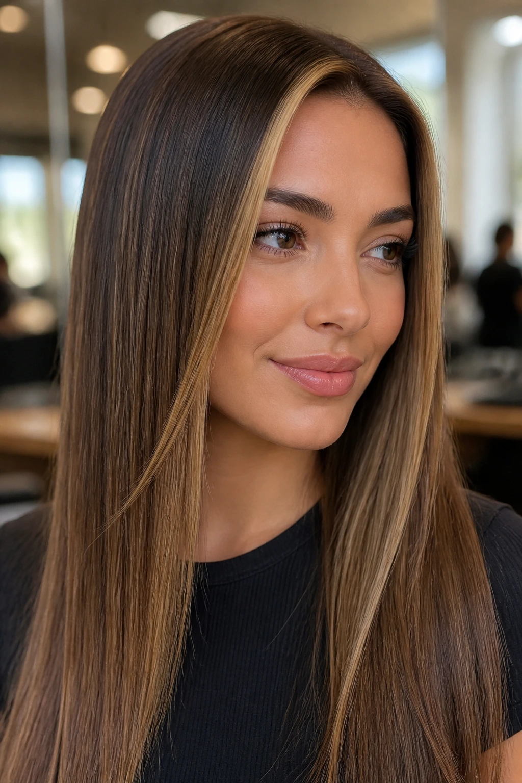 Close-up of straight hair with crisp face-framing highlights in a warm salon setting
