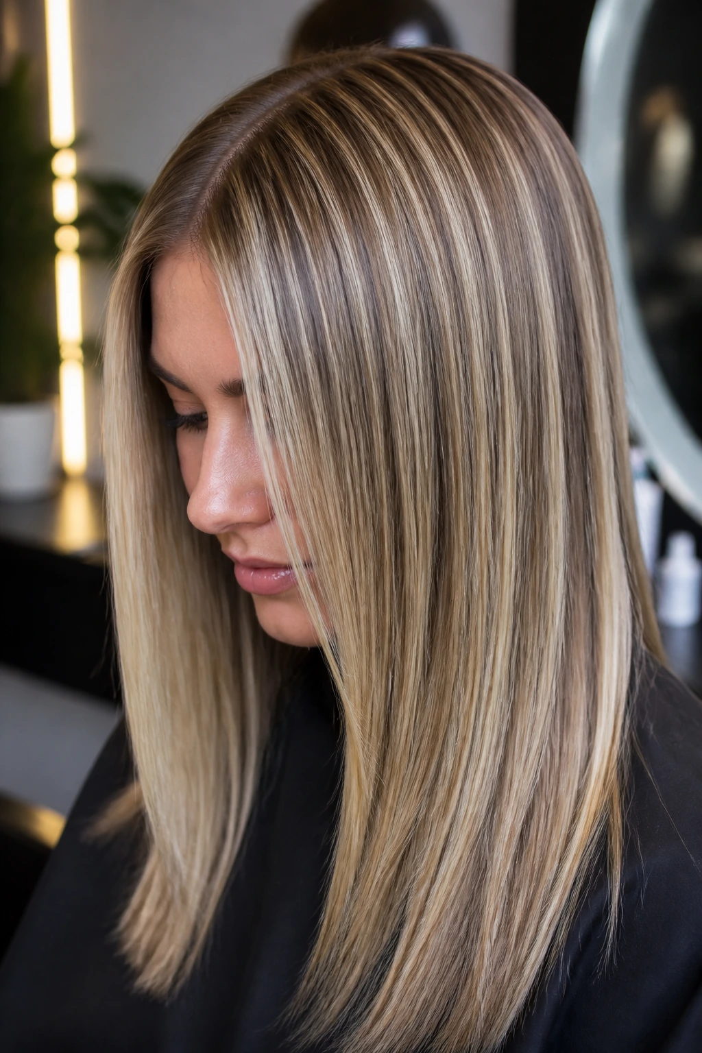 Close-up of straight hair showing a precise highlight pattern along the crown.