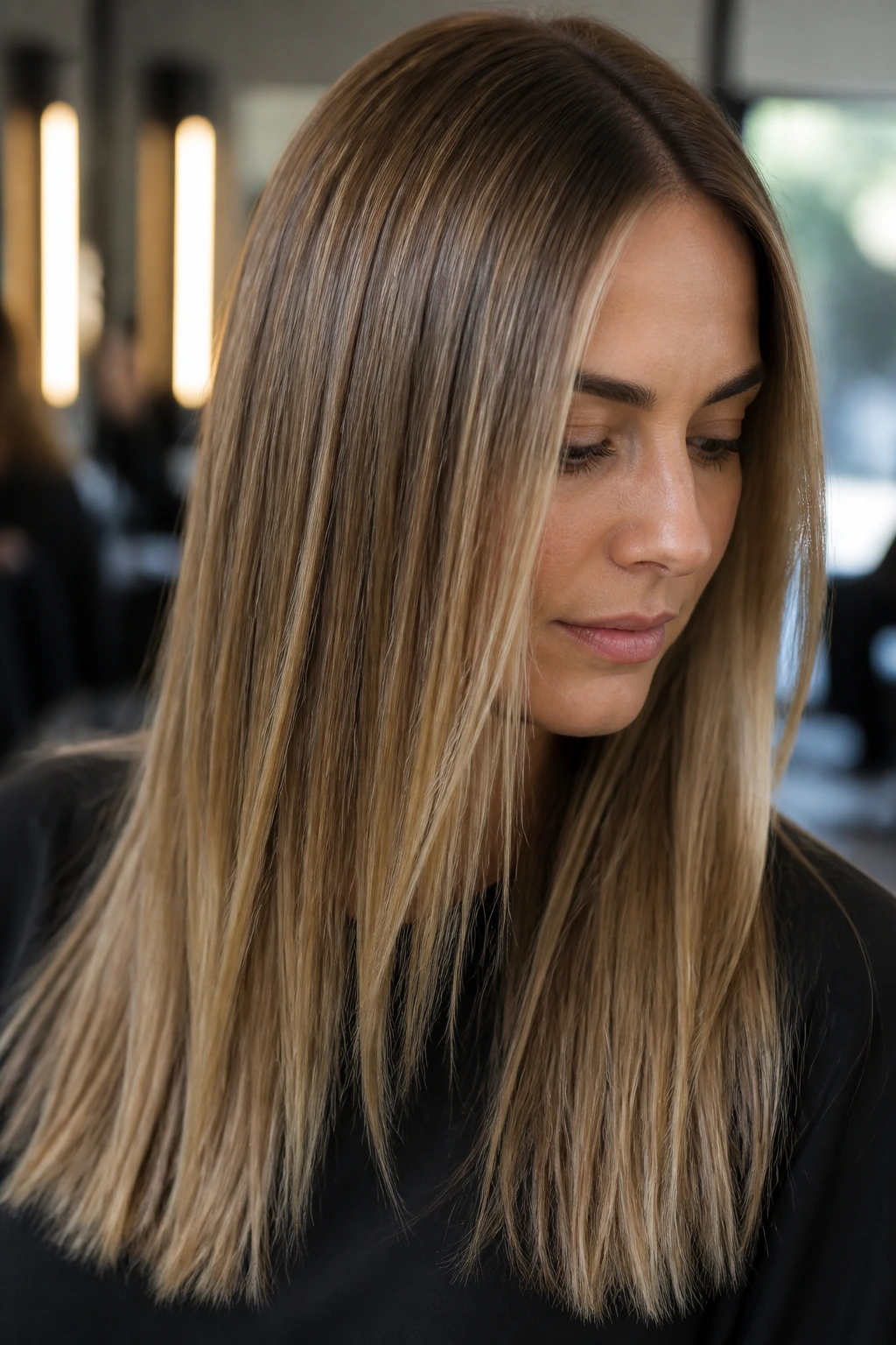Portrait of a straight-hair woman with clearly defined highlights.