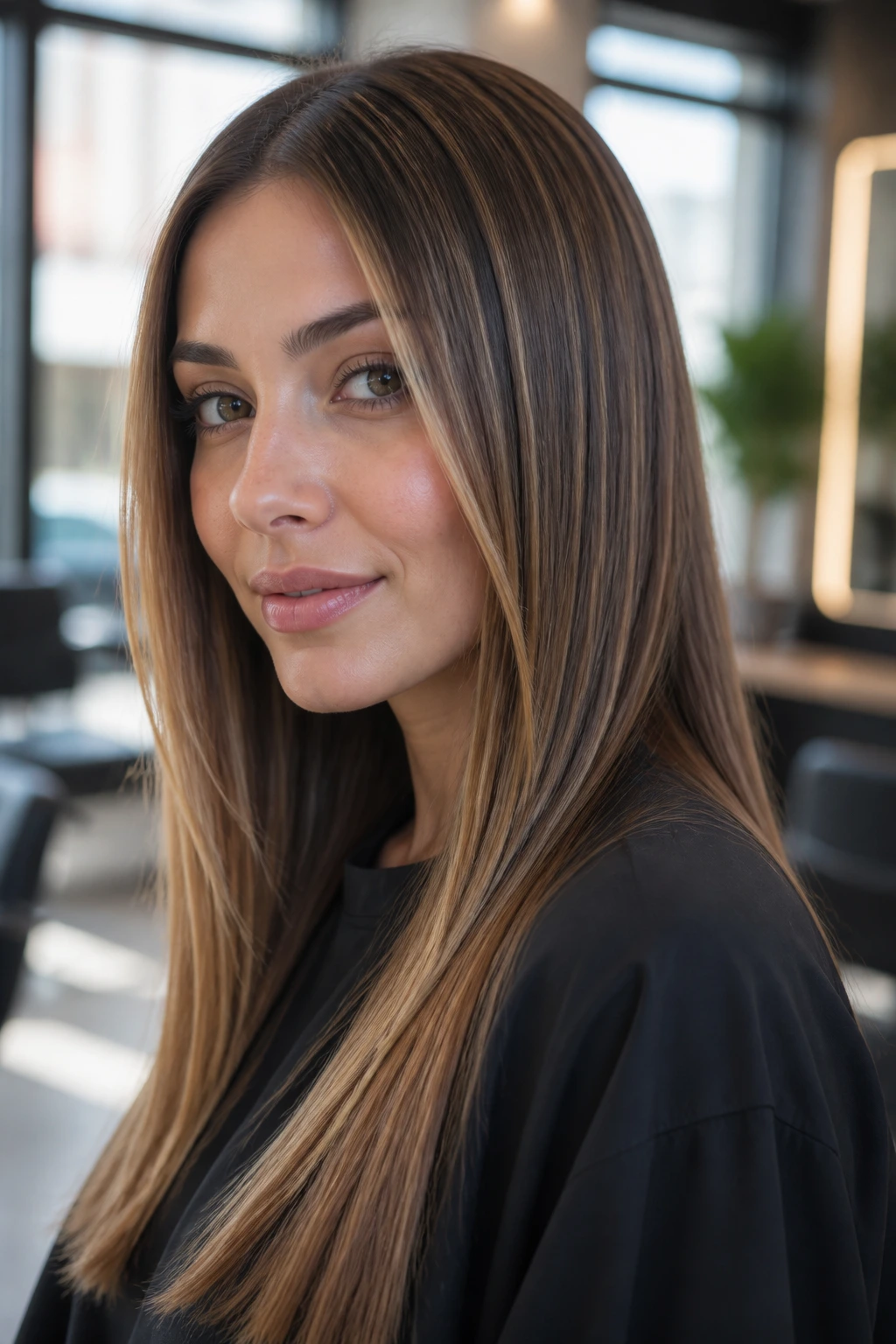Close-up portrait of straight-haired woman showing defined highlights in a salon setting