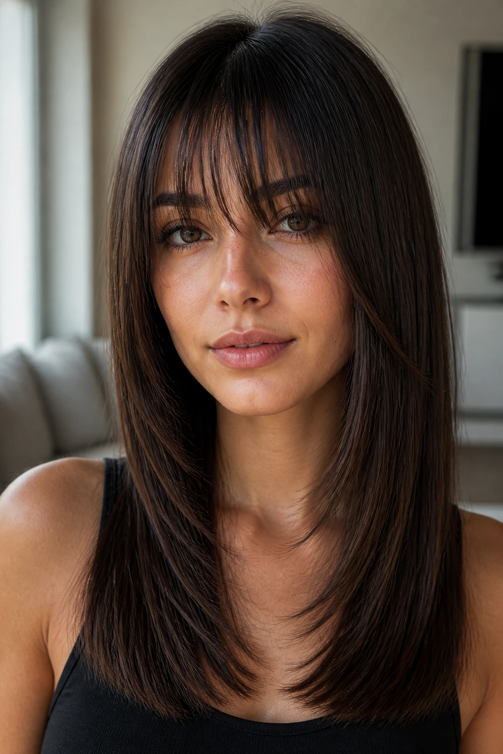 Portrait of a woman with straight hair and long face-framing layers in daylight interior.