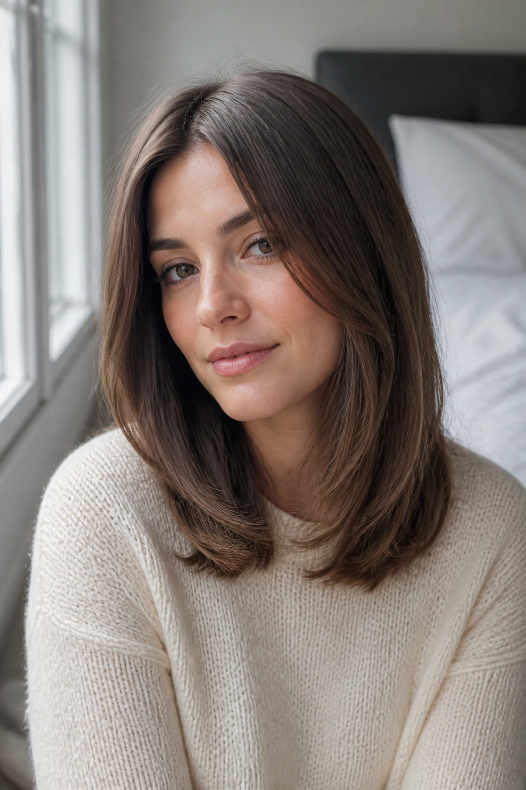 Close-up portrait of a real person with straight hair showing subtle layers that don’t collapse