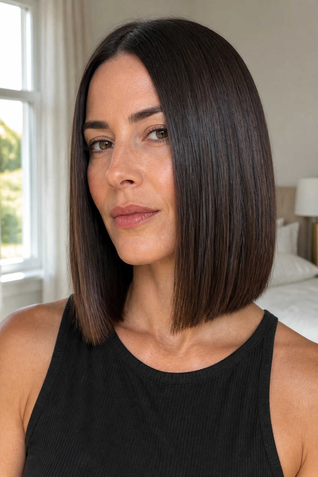 Real woman with straight lob showing crisp edge and precise front landing