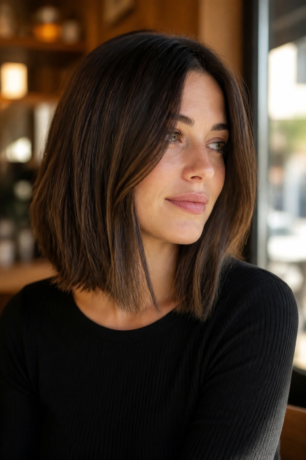 Real woman with Straight-Hair Shattered Lob, shoulder-length textured ends in sunlit cafe