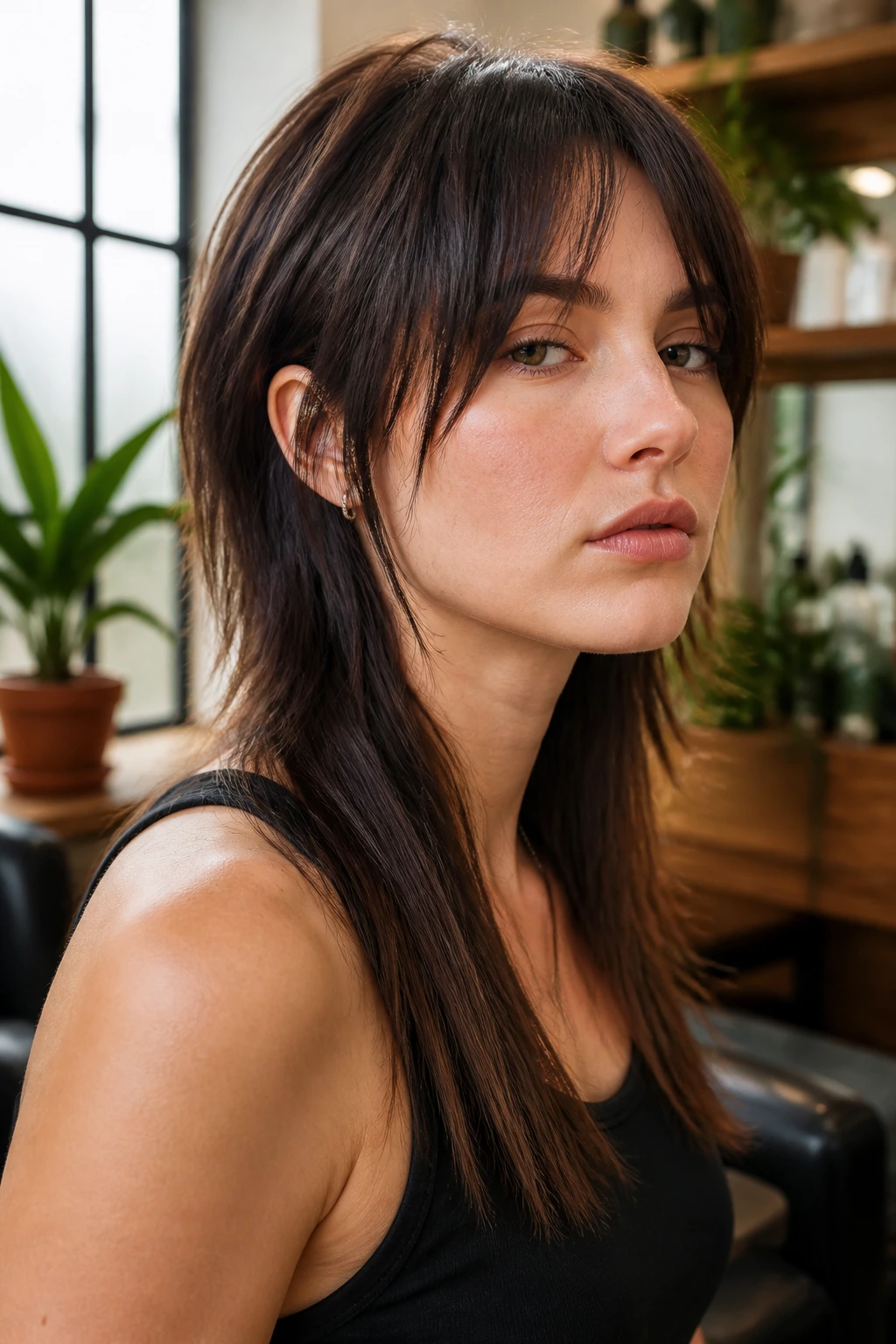 Portrait of a real person with straight-hair mullet showing front-to-back balance.