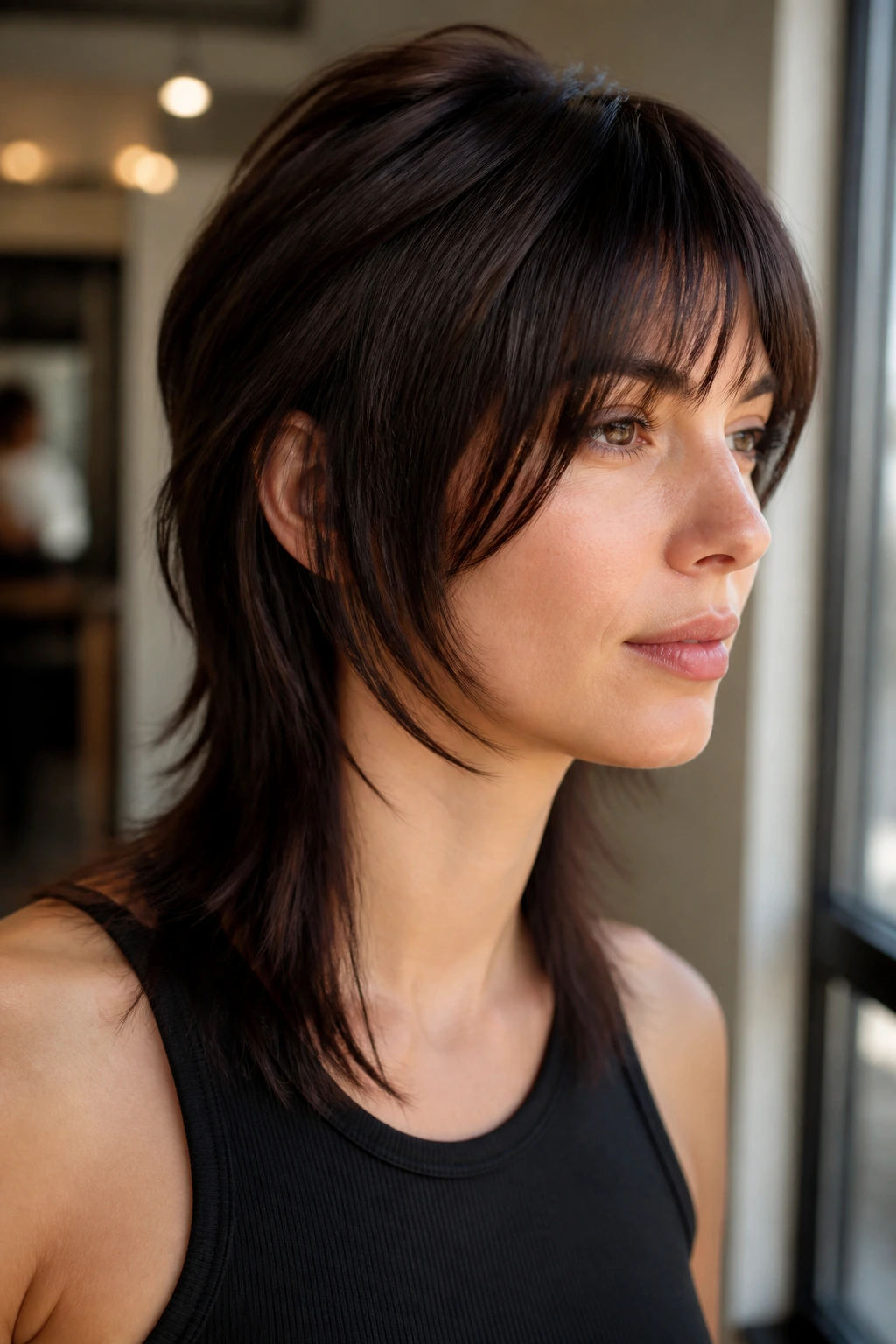 Portrait of a real woman with mullet showing root lift and a clean part on straight hair