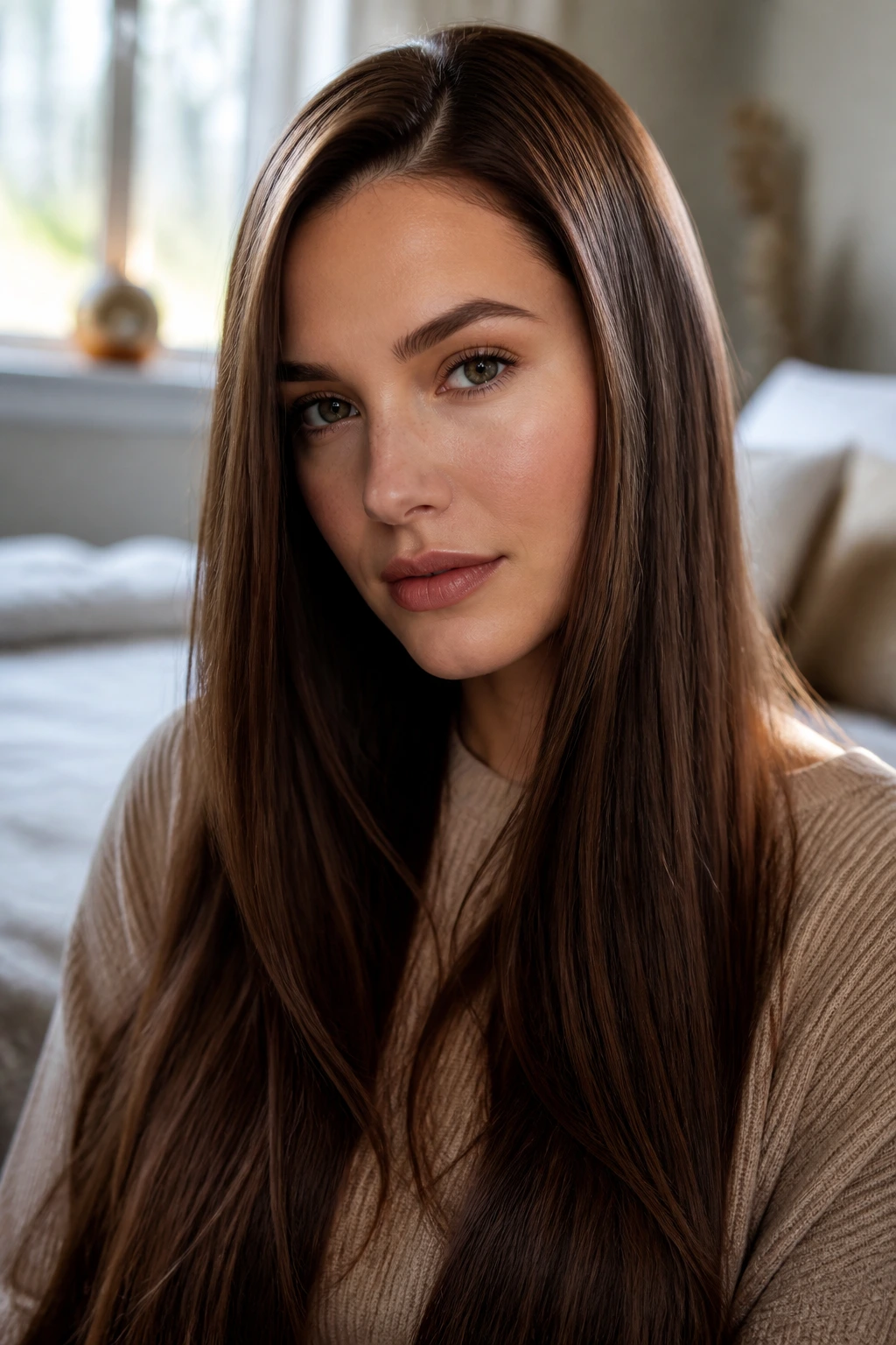 Close-up of a real woman with straight hair and off-center part, soft shine