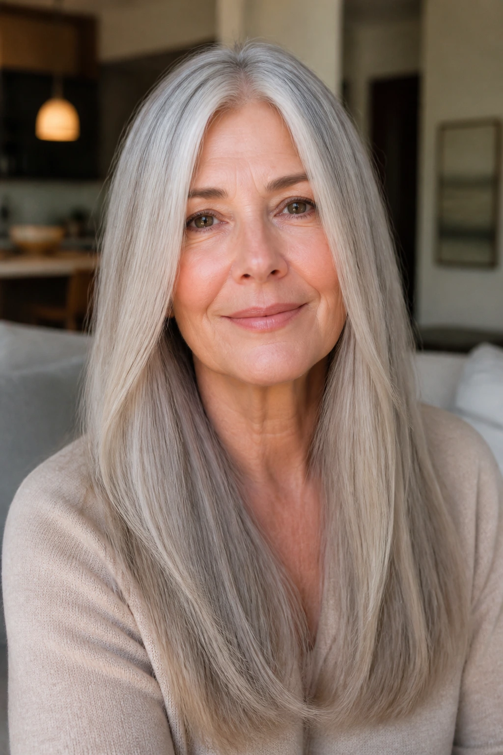 Portrait of an older woman with long silver straight hair and a soft center part