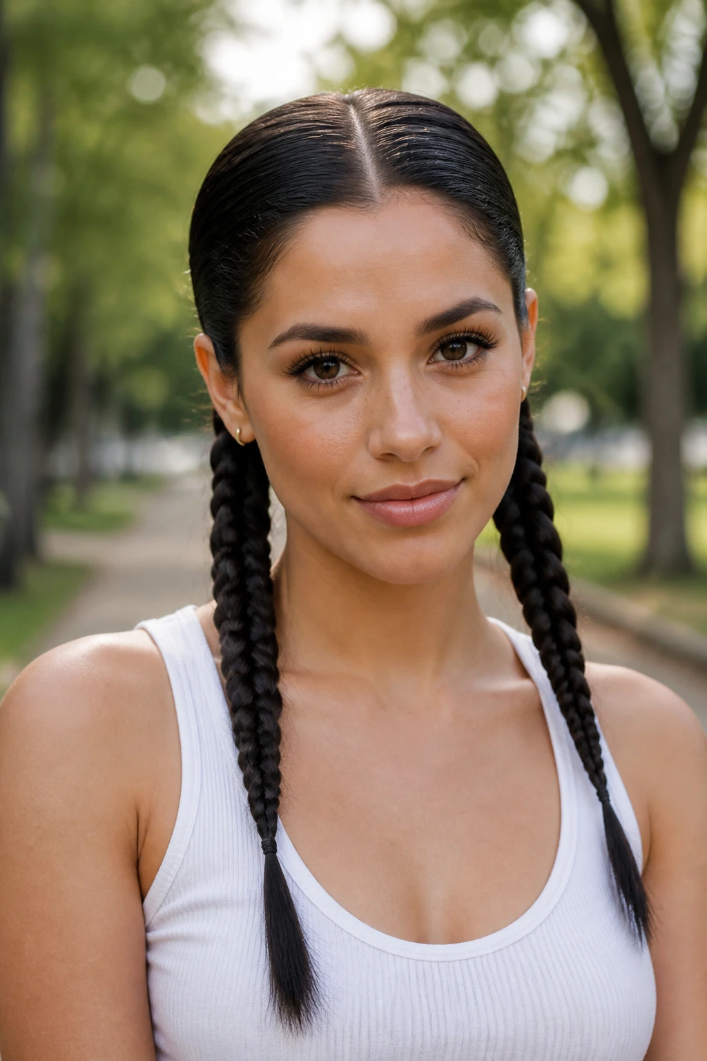 Front portrait of a woman with center-parted straight hair and sleek pigtail braids outdoors.