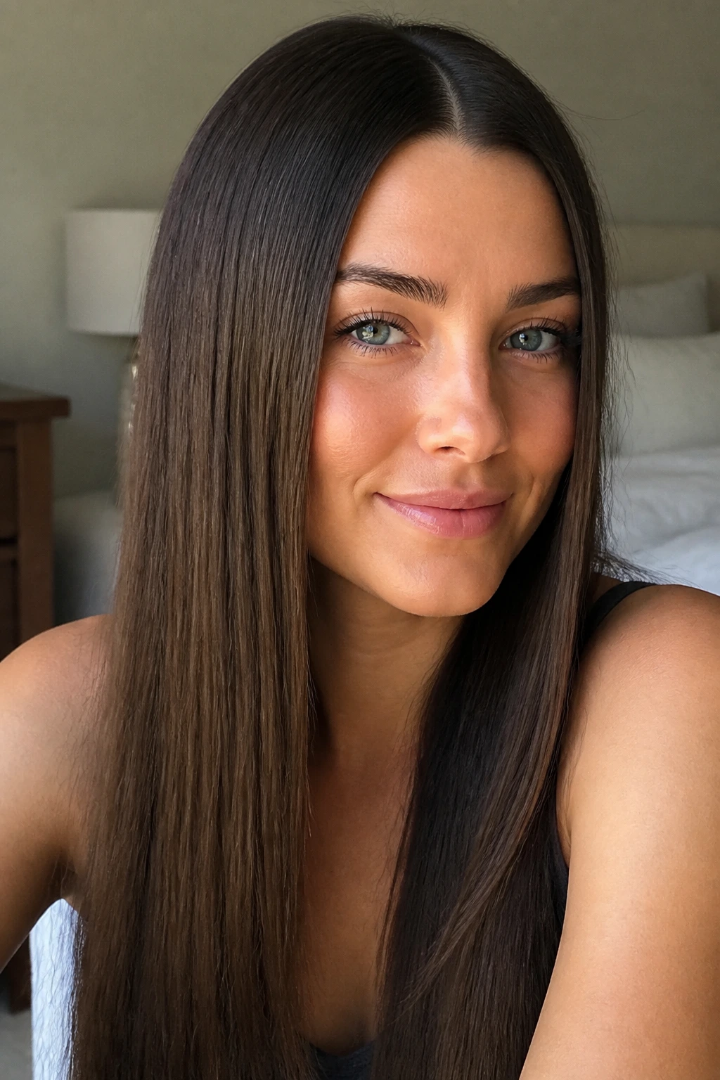 Close-up portrait of a real woman with sleek straight hair and a crisp center part in natural light