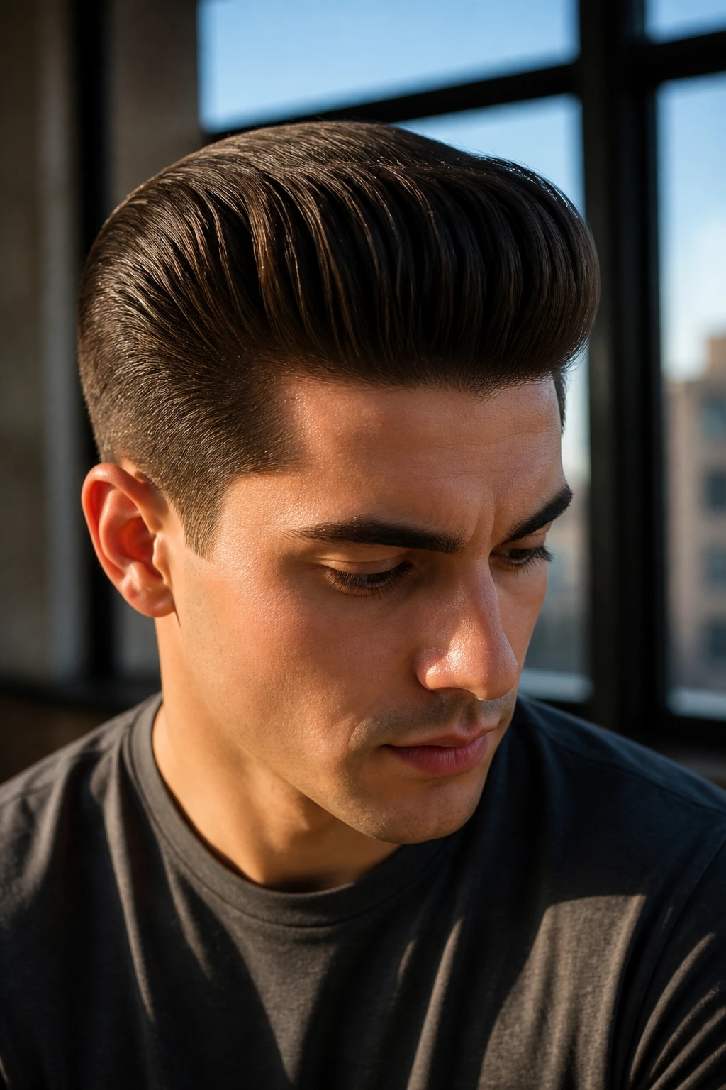 Close-up portrait of a man with a straight-hair pompadour under warm window light
