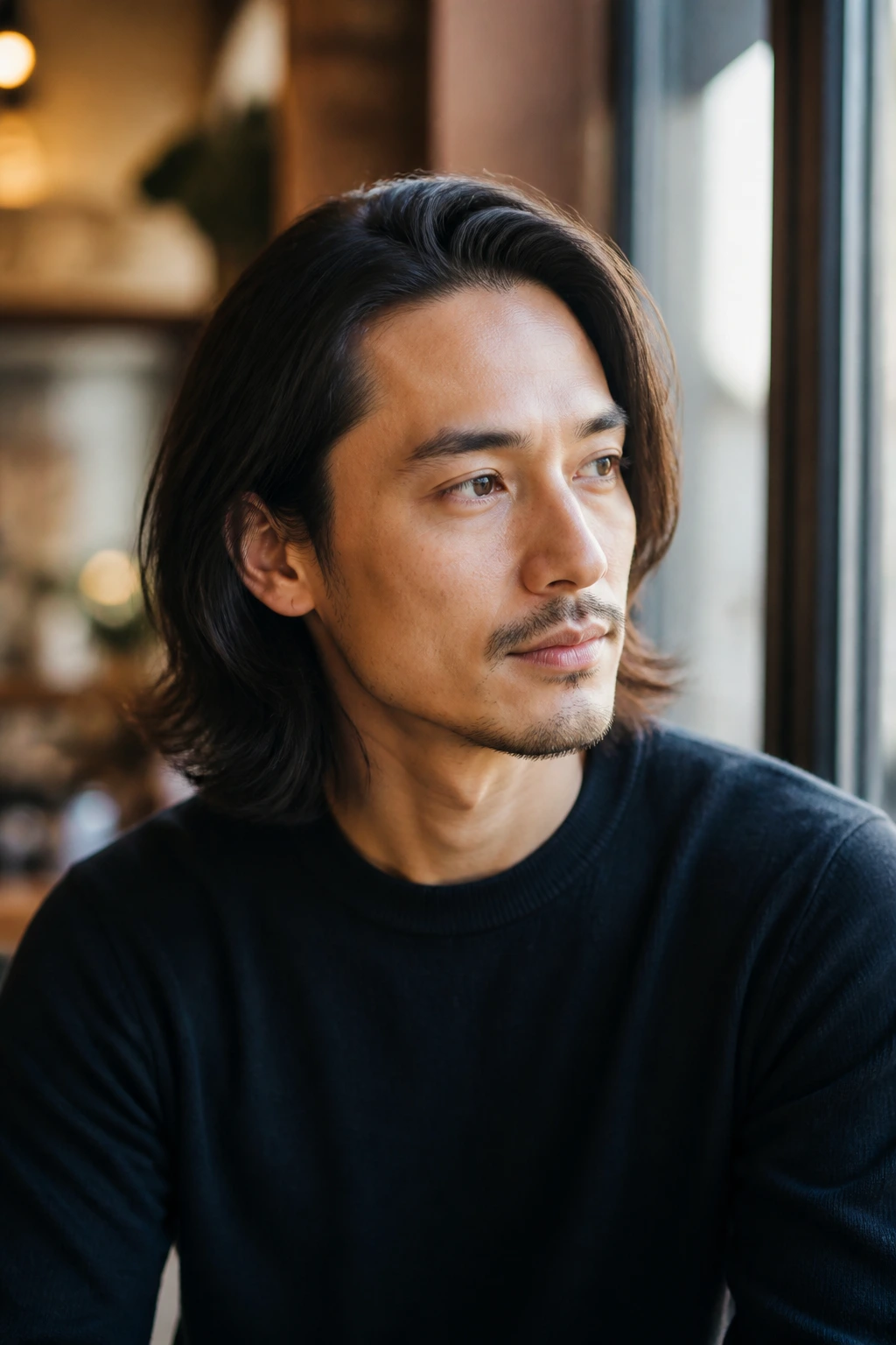 Portrait of a man with shoulder-length straight hair and soft side-part.
