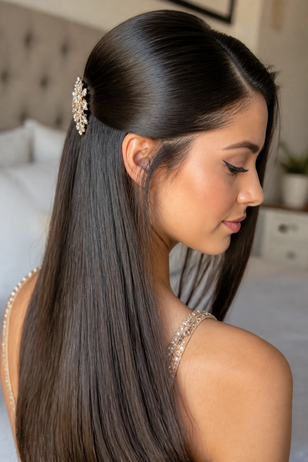 Close-up portrait of a woman with sleek straight hair for a prom look