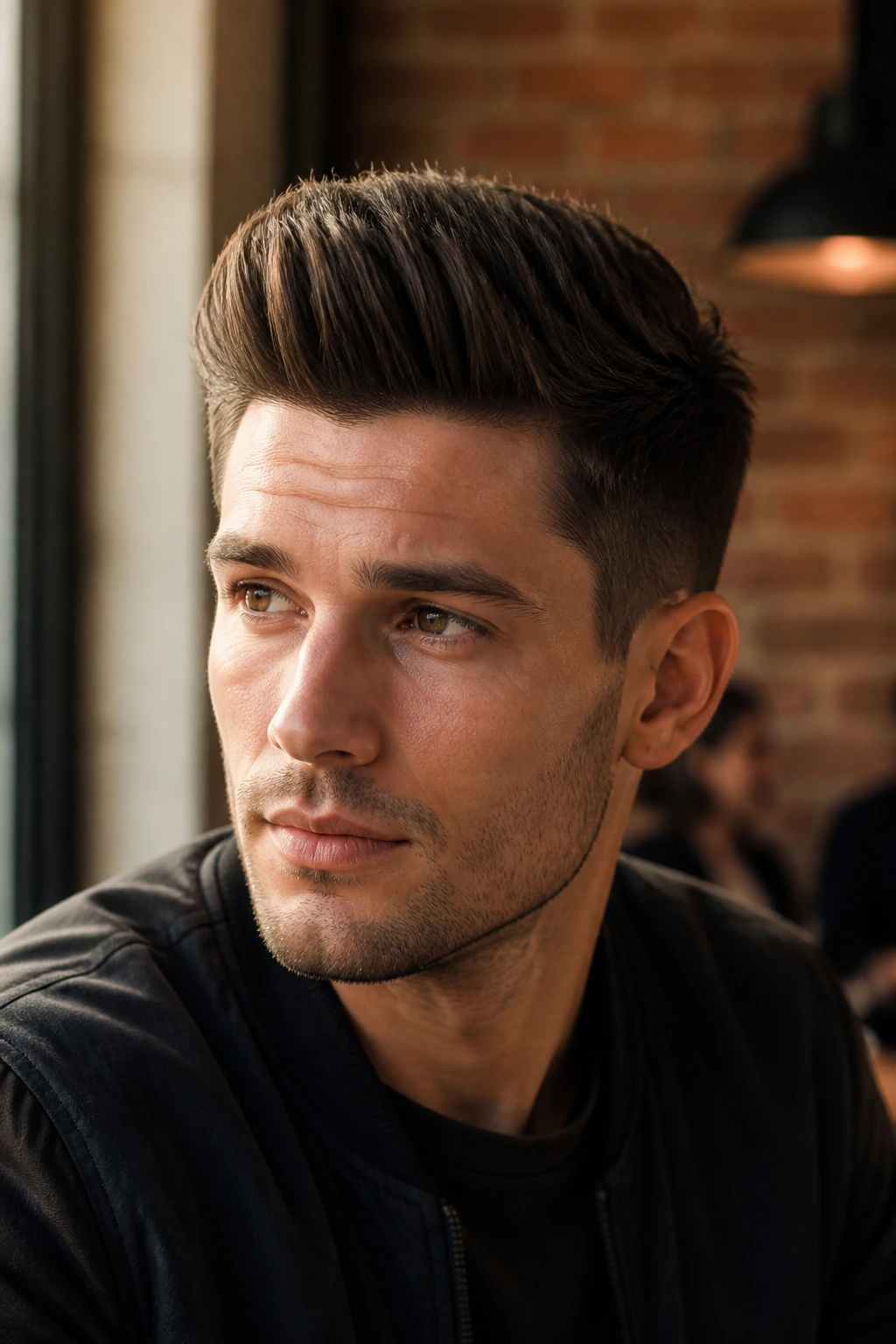 Close-up of a man with a straight-hair quiff lit by window light