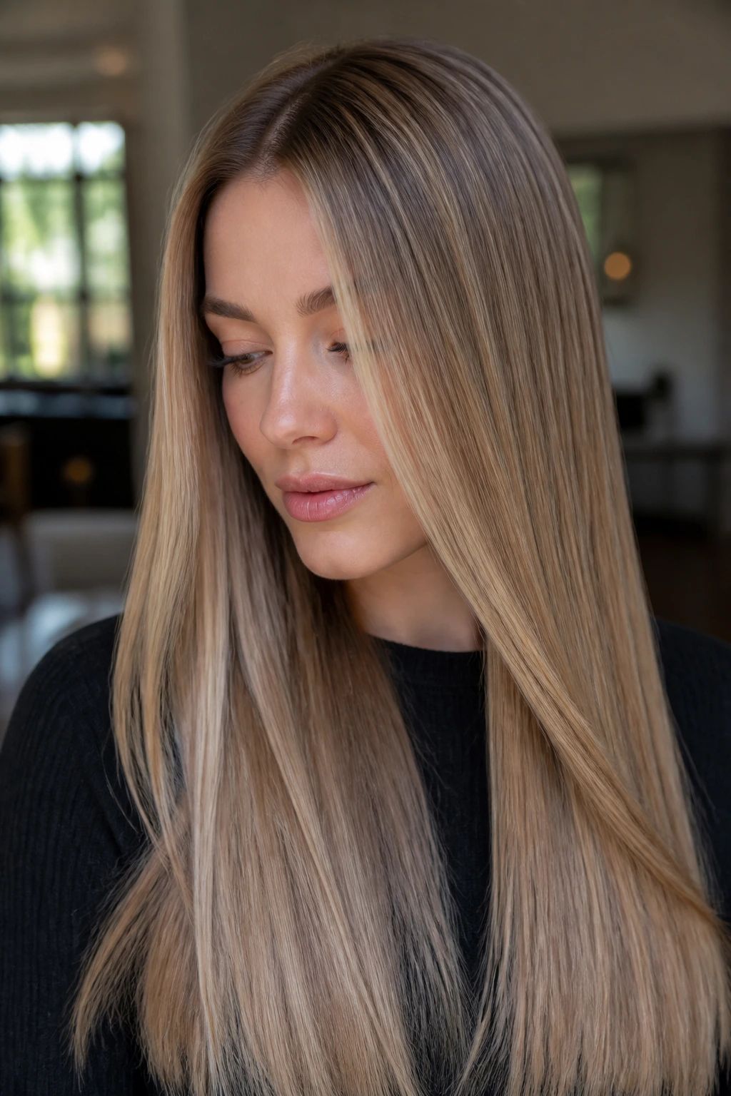 Close-up portrait of straight long hair showing dimensional blonde shading