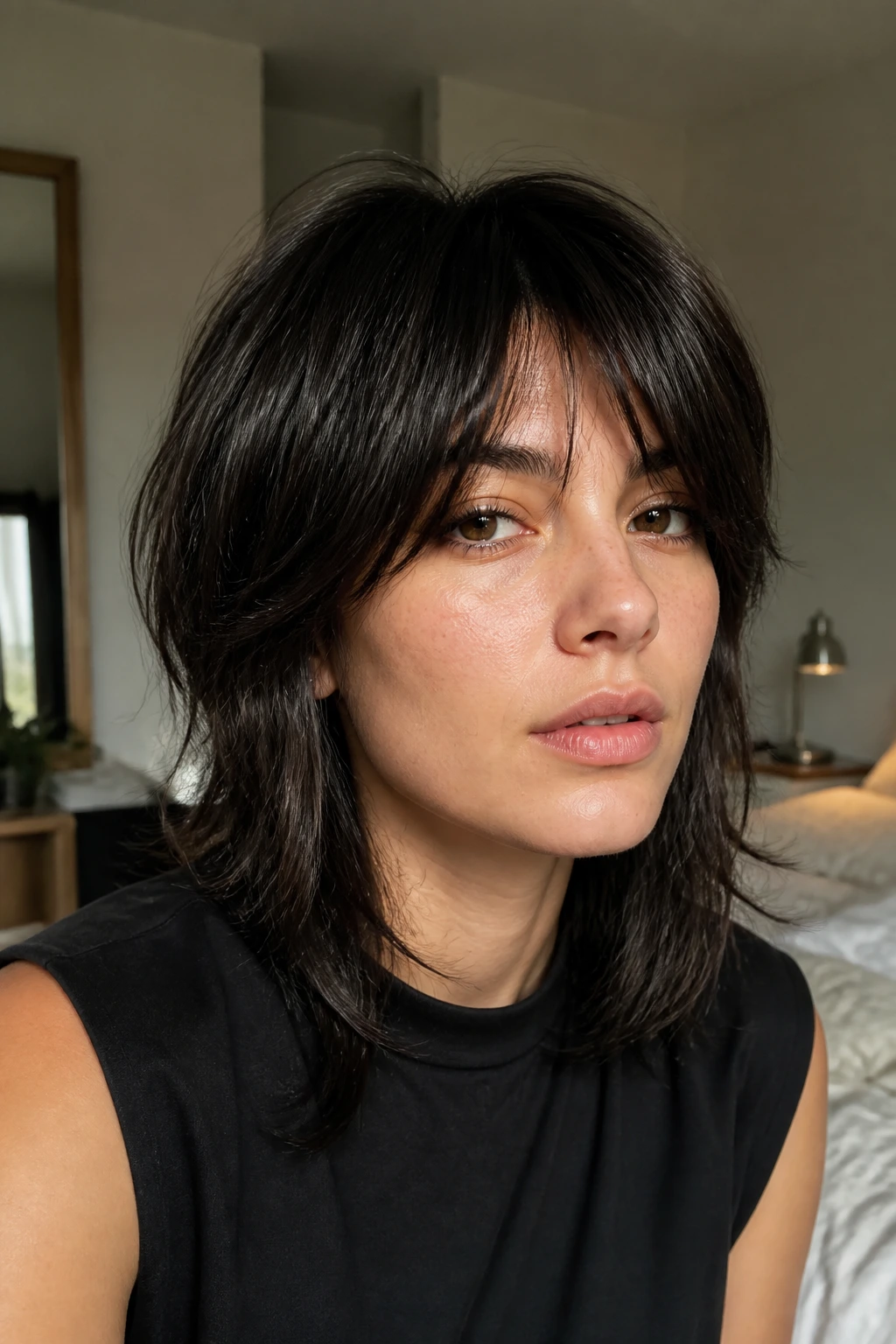 Close-up portrait of a real woman with a straight-hair shag in a cozy bedroom