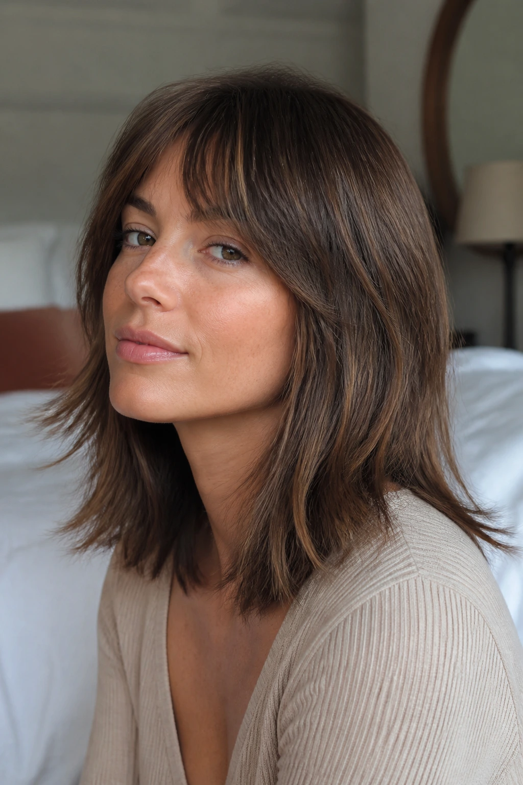 Portrait of a woman with a straight-hair shag showing a slight bend at the ends in warm indoor light.