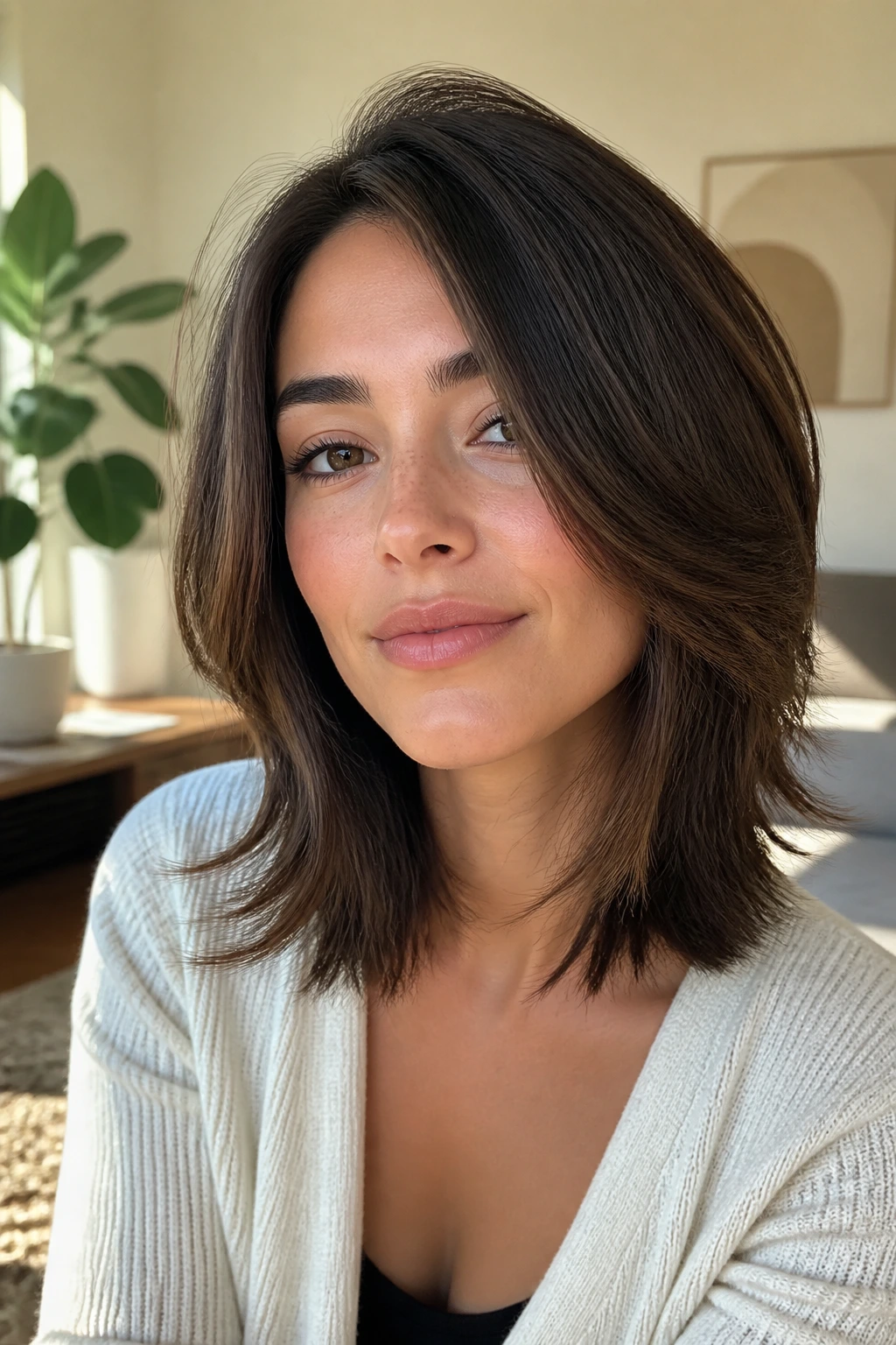 Close-up of a real woman with straight-hair shag and textured ends