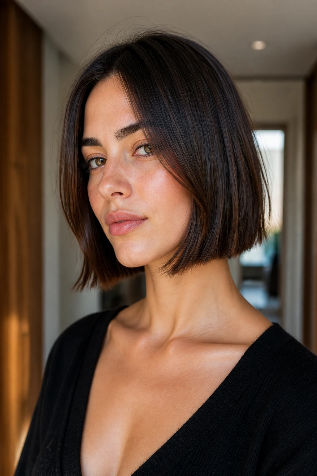 Portrait of real woman with straight-hair shattered bob with textured ends