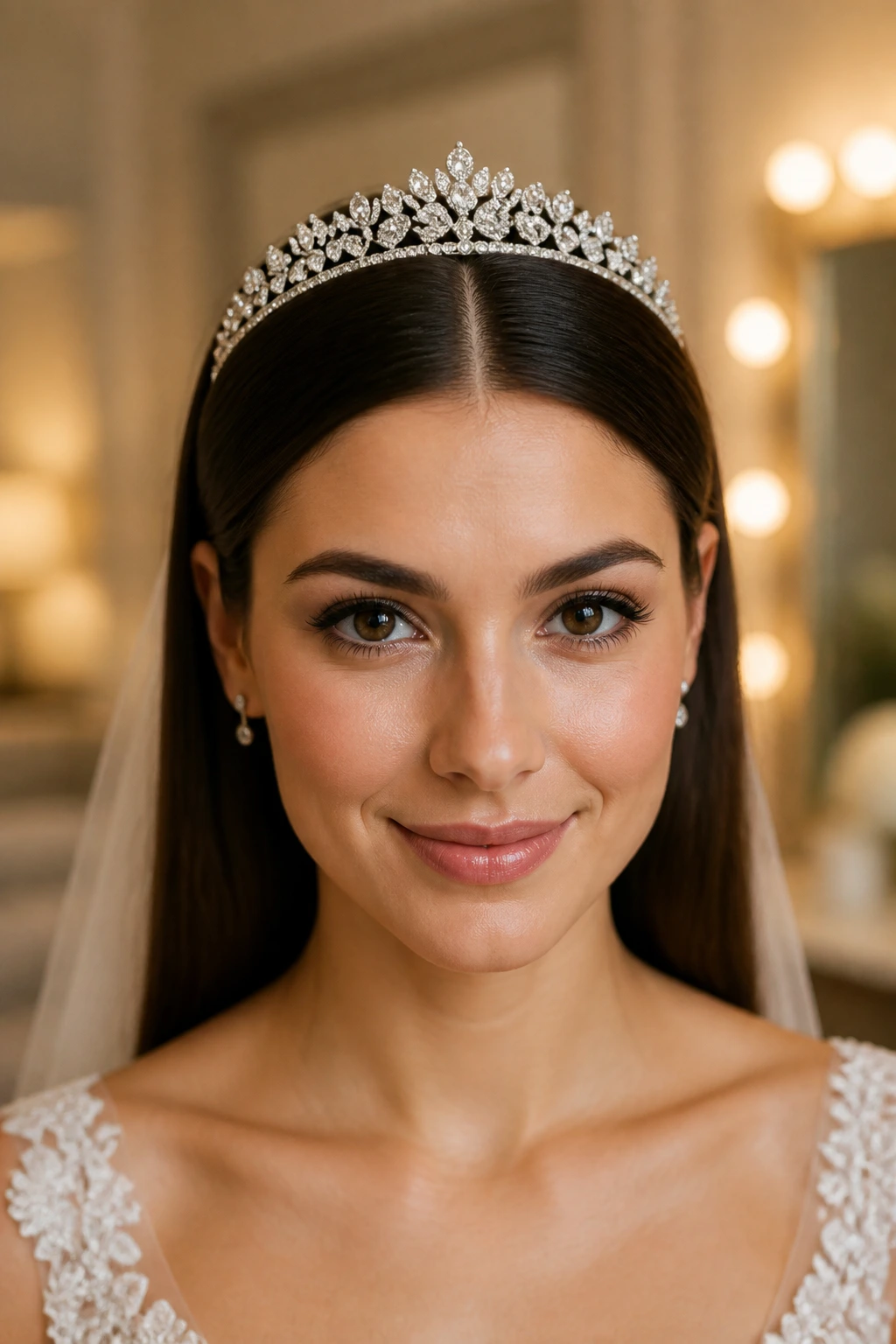Close-up of a real bride with a tiara, center-parted straight hair.