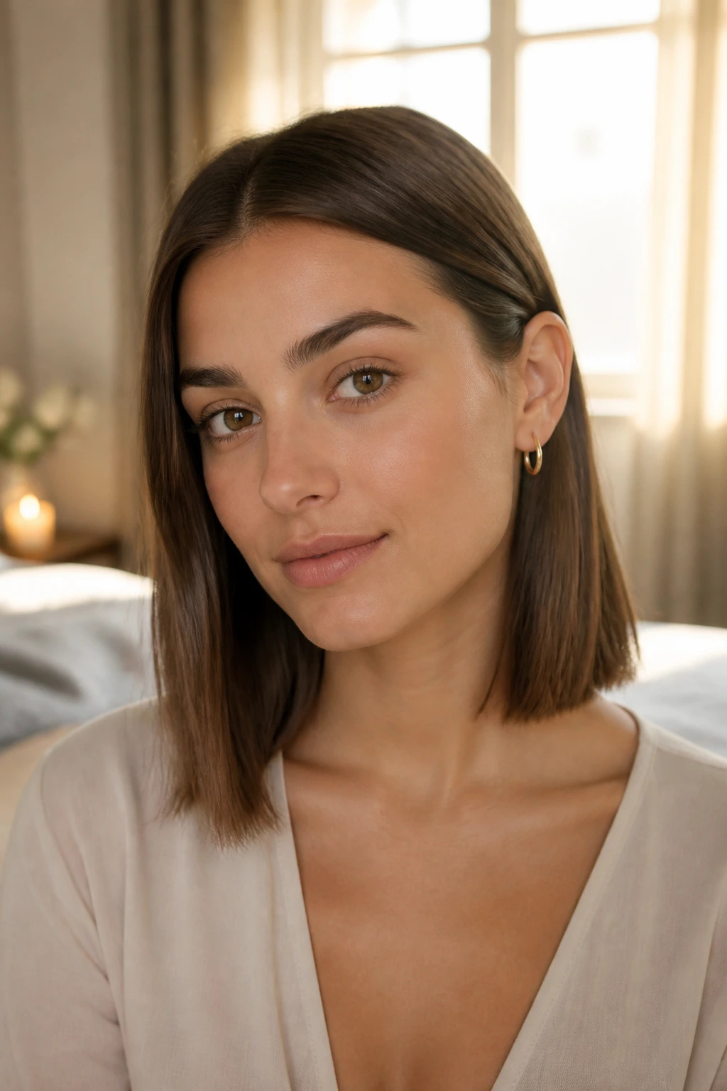 Close-up of real woman with straight hair tucked behind ear in warm natural light