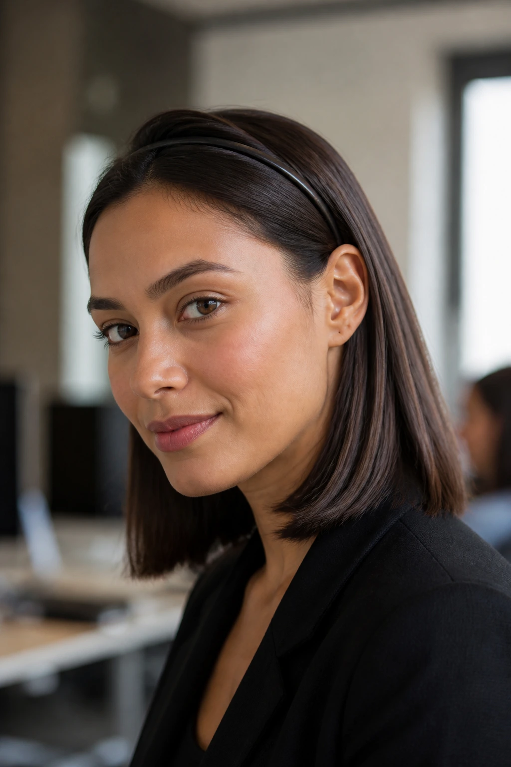 Close-up of tucked lob hairstyle on a real woman in an office