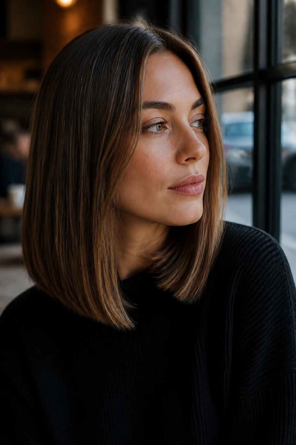Portrait of a woman with sleek straight lob at cafe window in natural light