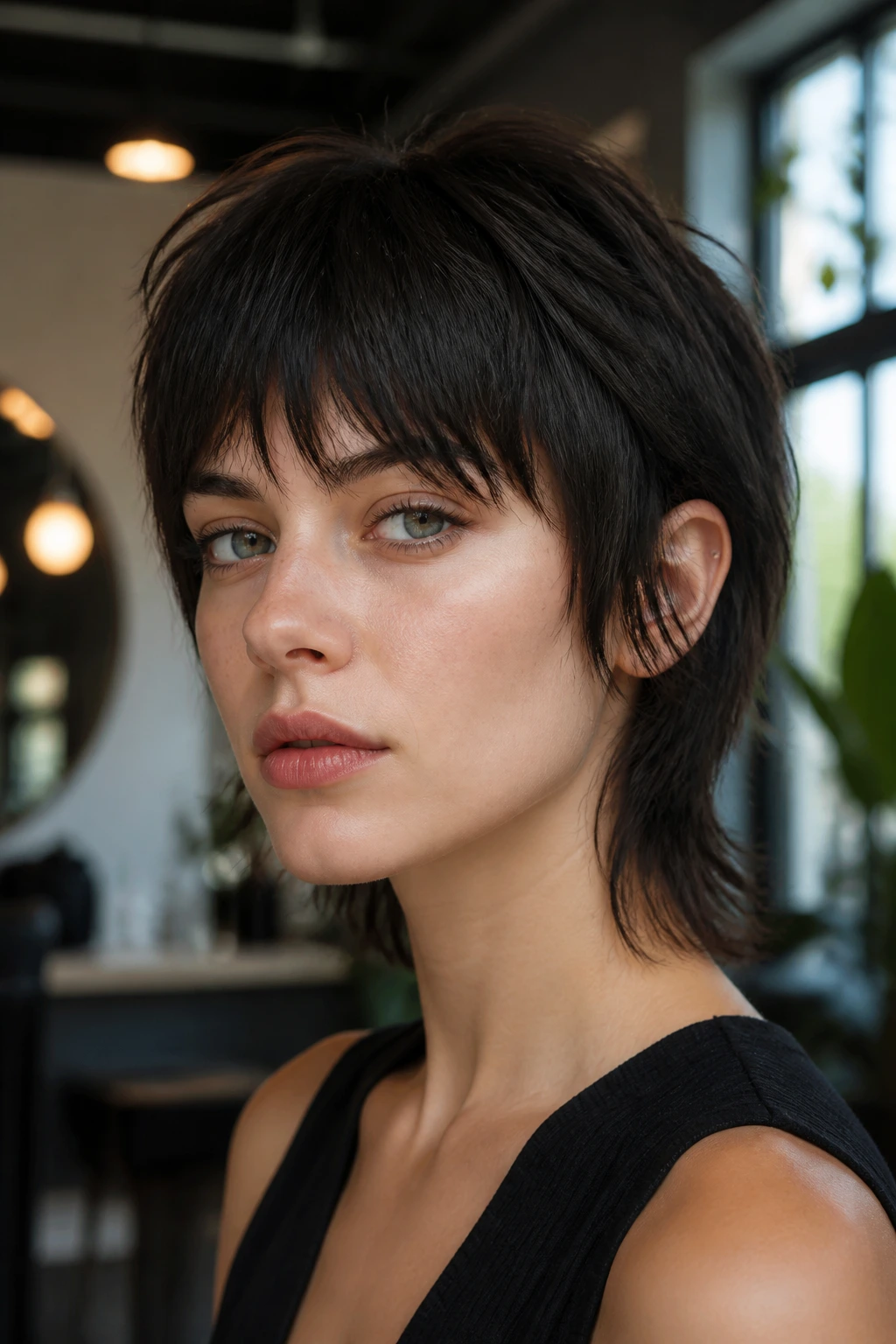 Close-up portrait of a real person with a short wolf cut on straight hair in a salon