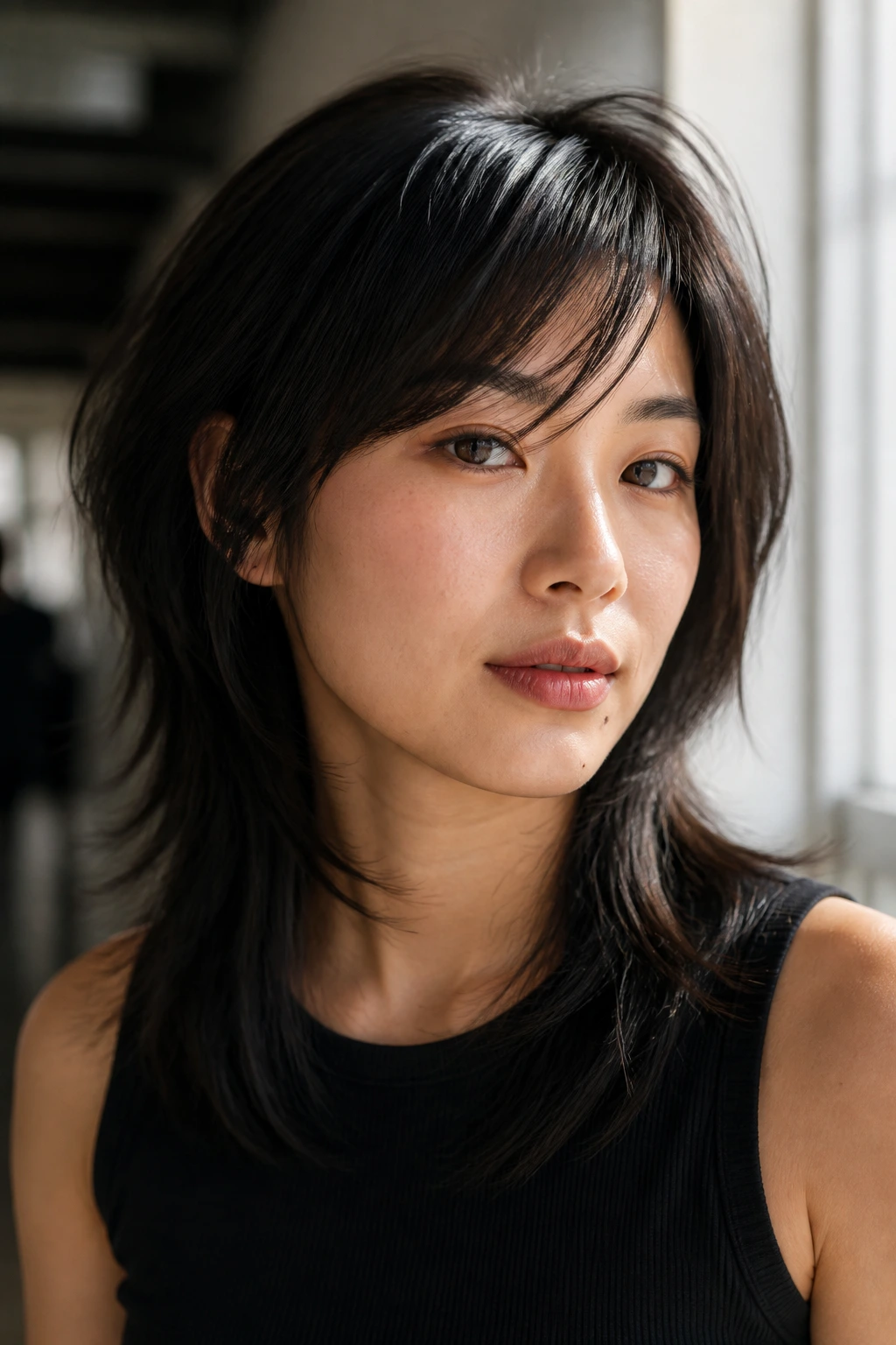 Portrait of a person with straight-hair wolf cut and diagonal fringe