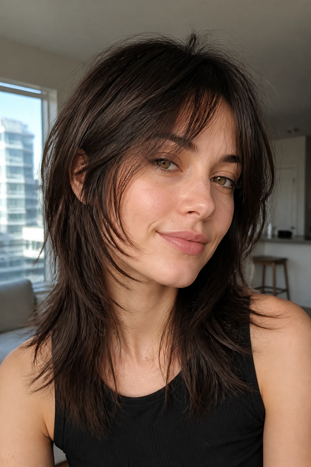 Close-up portrait of a real person with straight-hair wolf cut showing subtle front and crown movement.