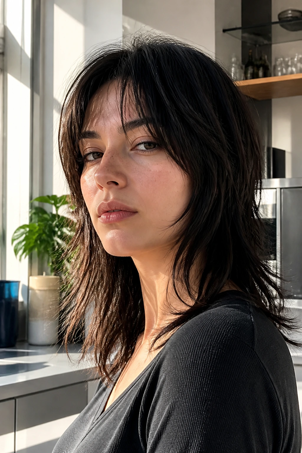 Close-up of real woman with straight-hair wolf cut showing movement