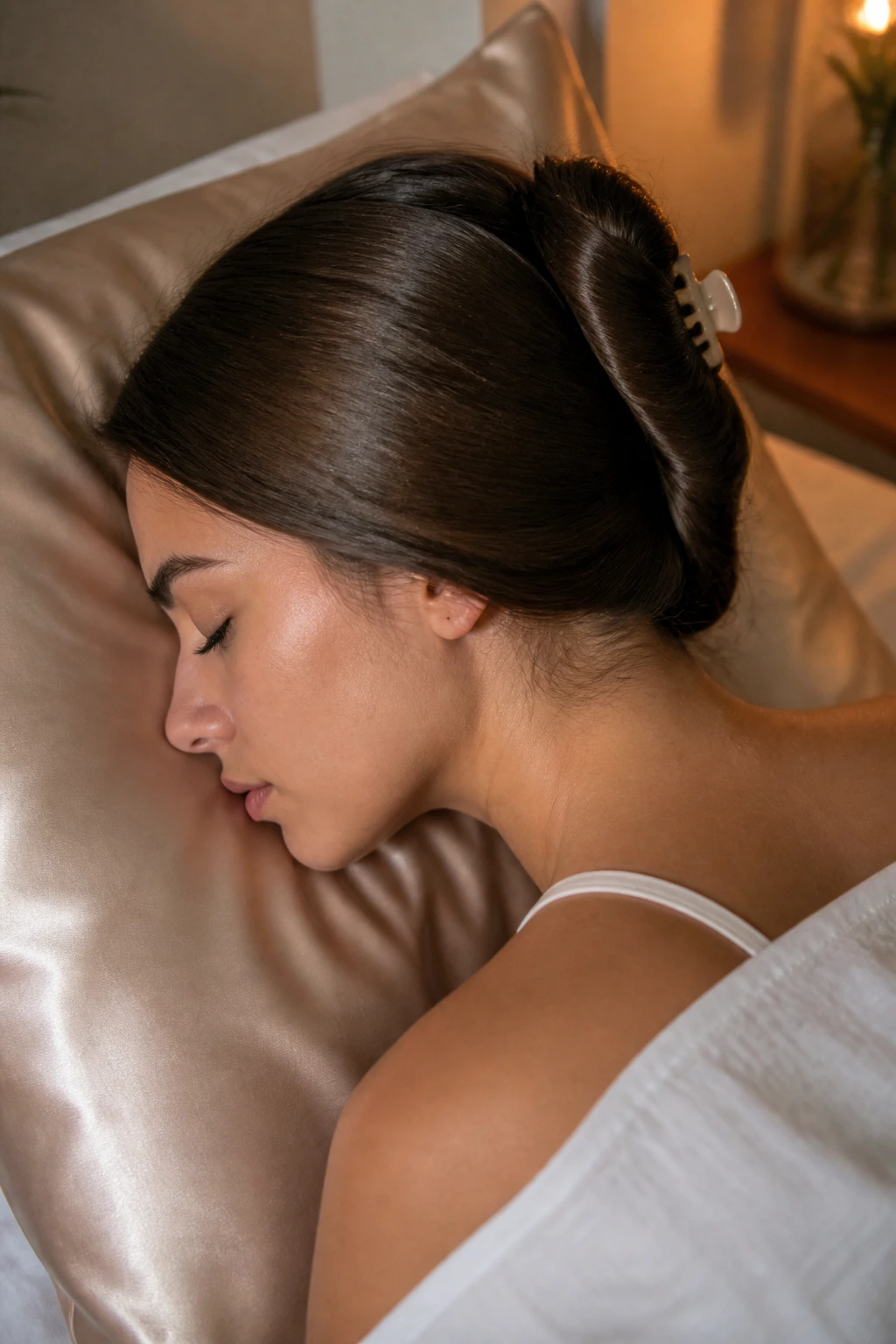 Side profile of straight hair wrapped on satin pillow