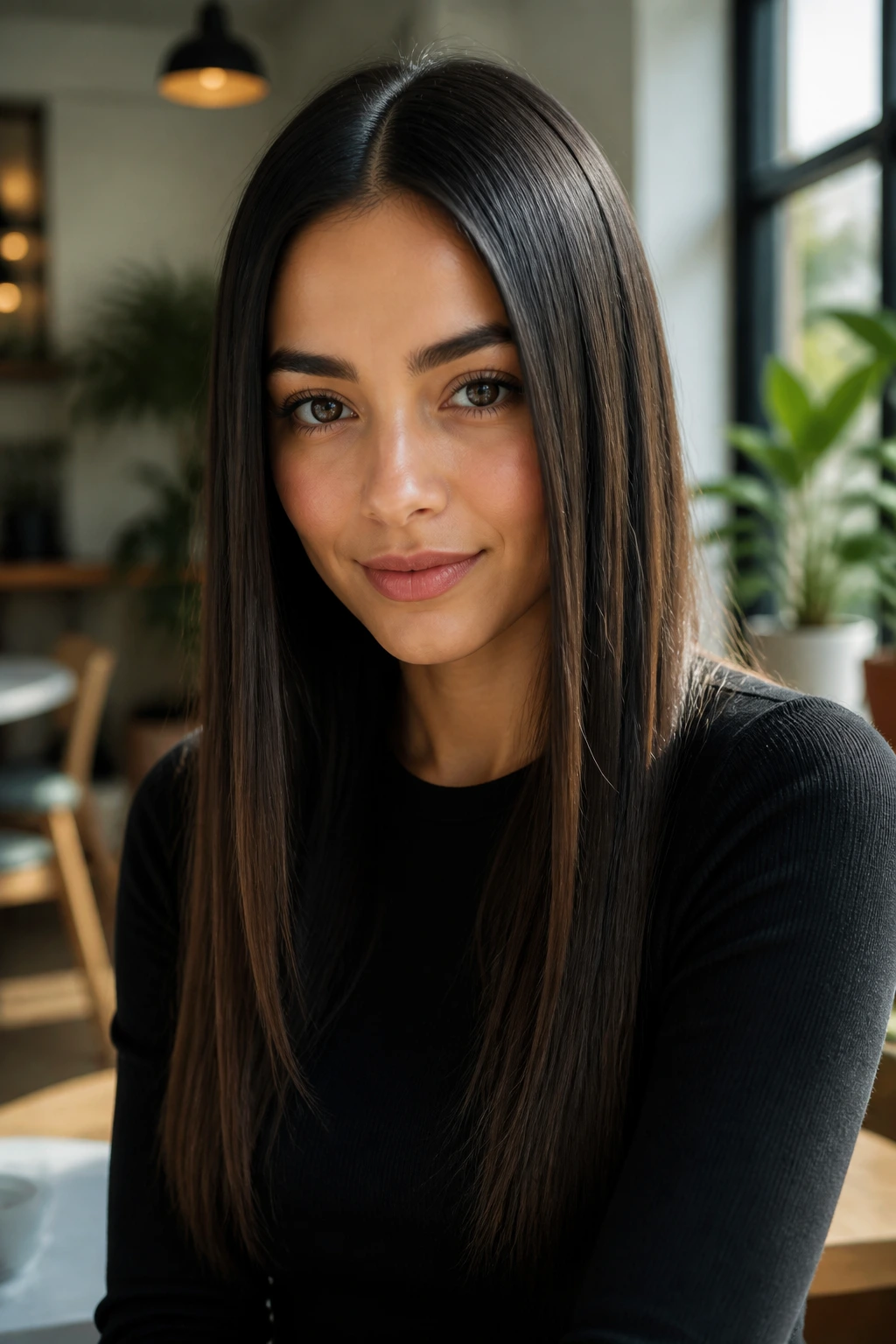 Portrait of a person with a sleek straight hairstyle and center part