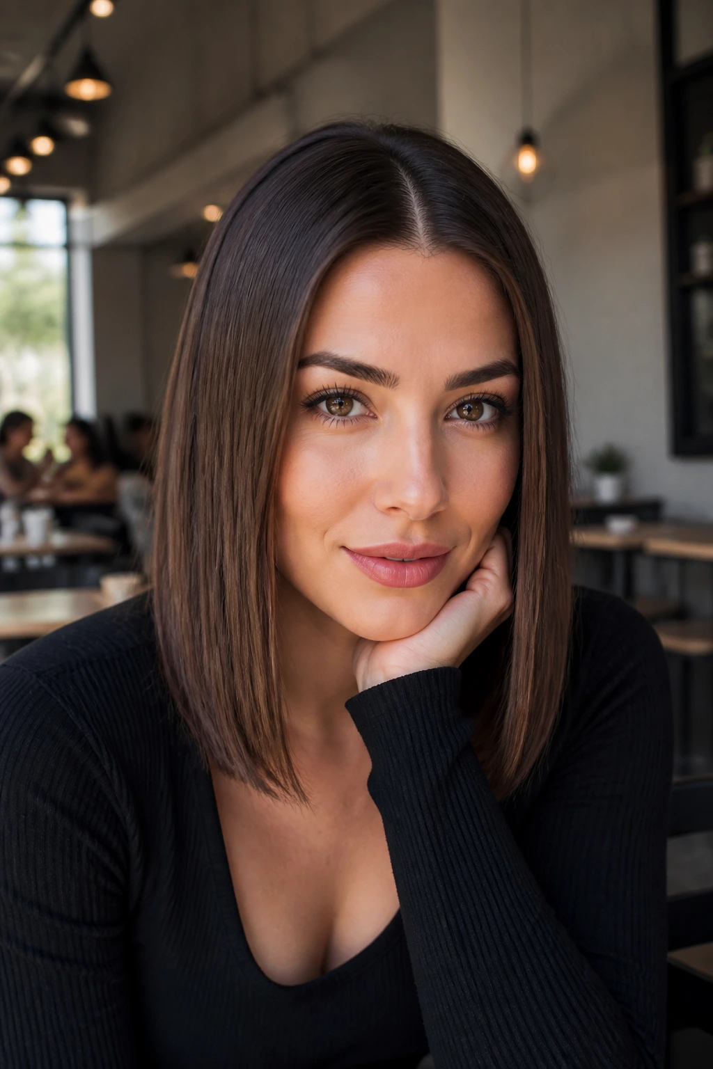 Portrait of a woman with a sharp straight hairstyle and defined part in a soft-lit cafe setting