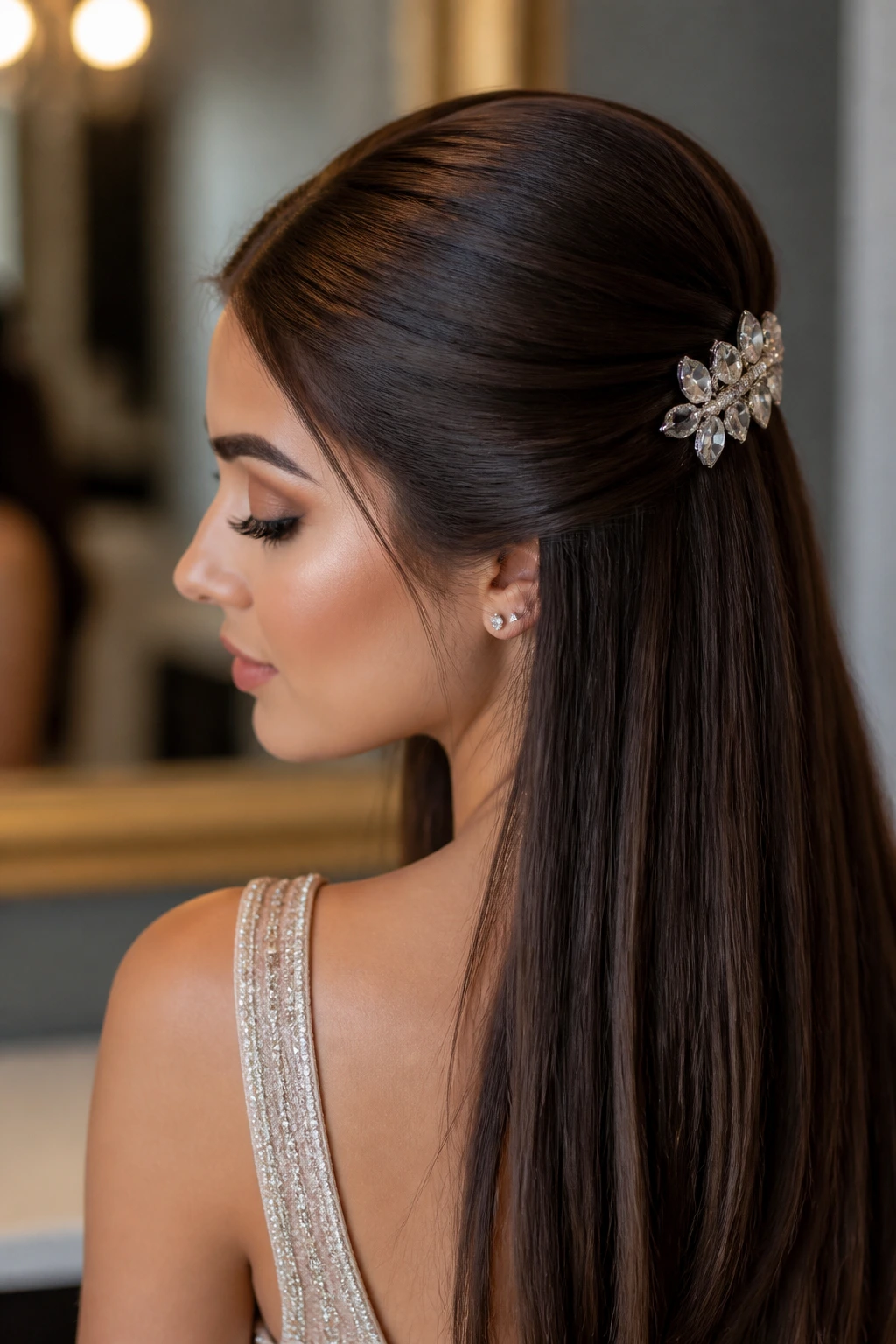 Real woman with straight half-up hairstyle and bold barrette.