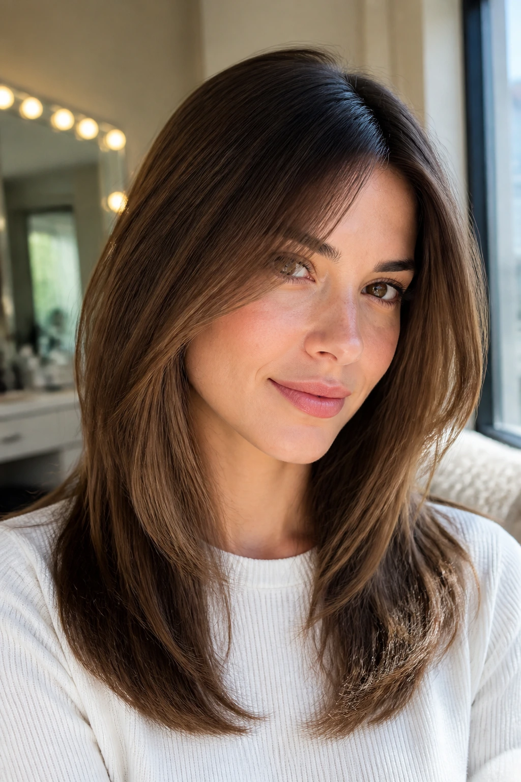 Close-up of a real person showing straight layers styled for sharp everyday finish