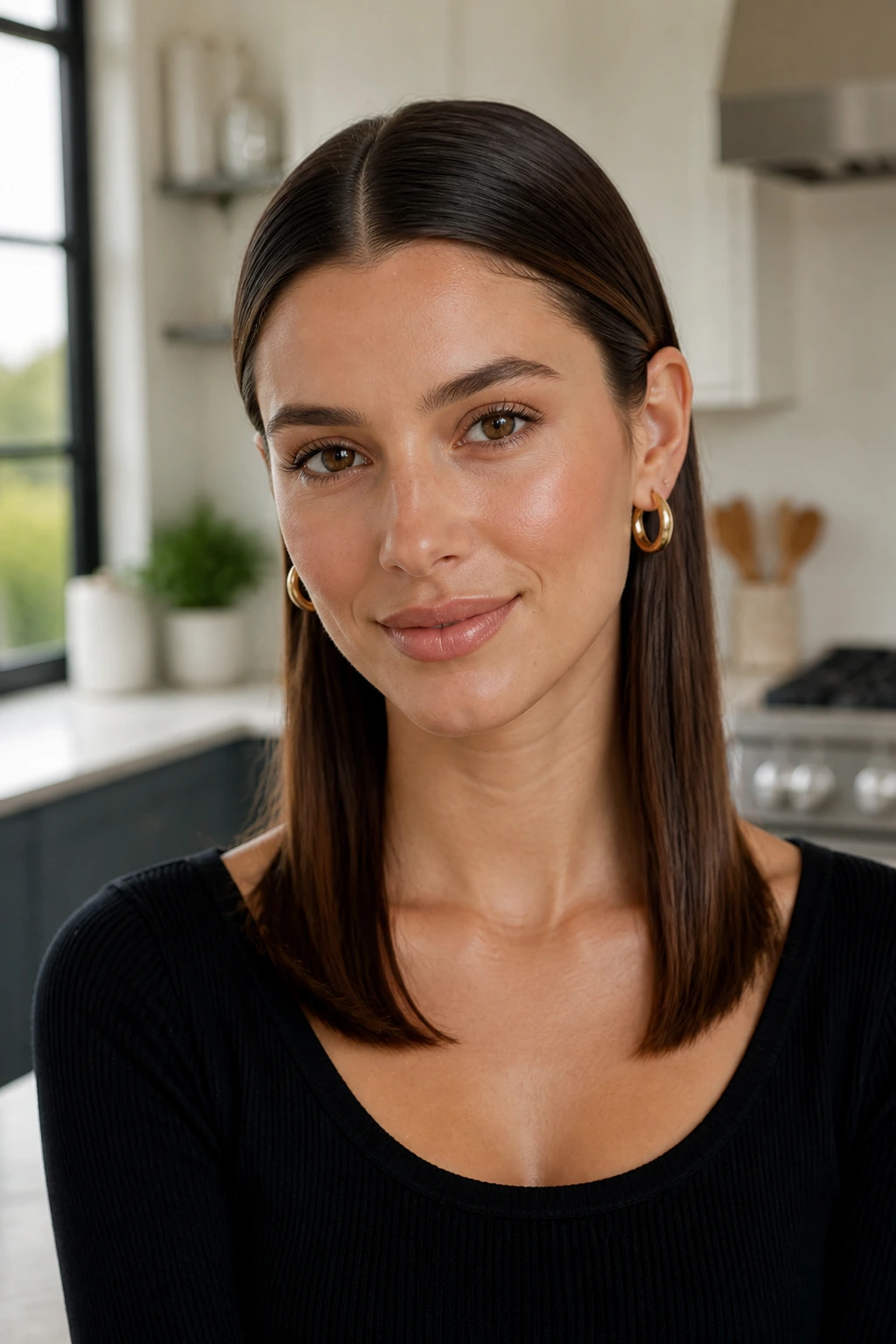 Portrait of a woman with straight lengths tucked behind the ears and center part