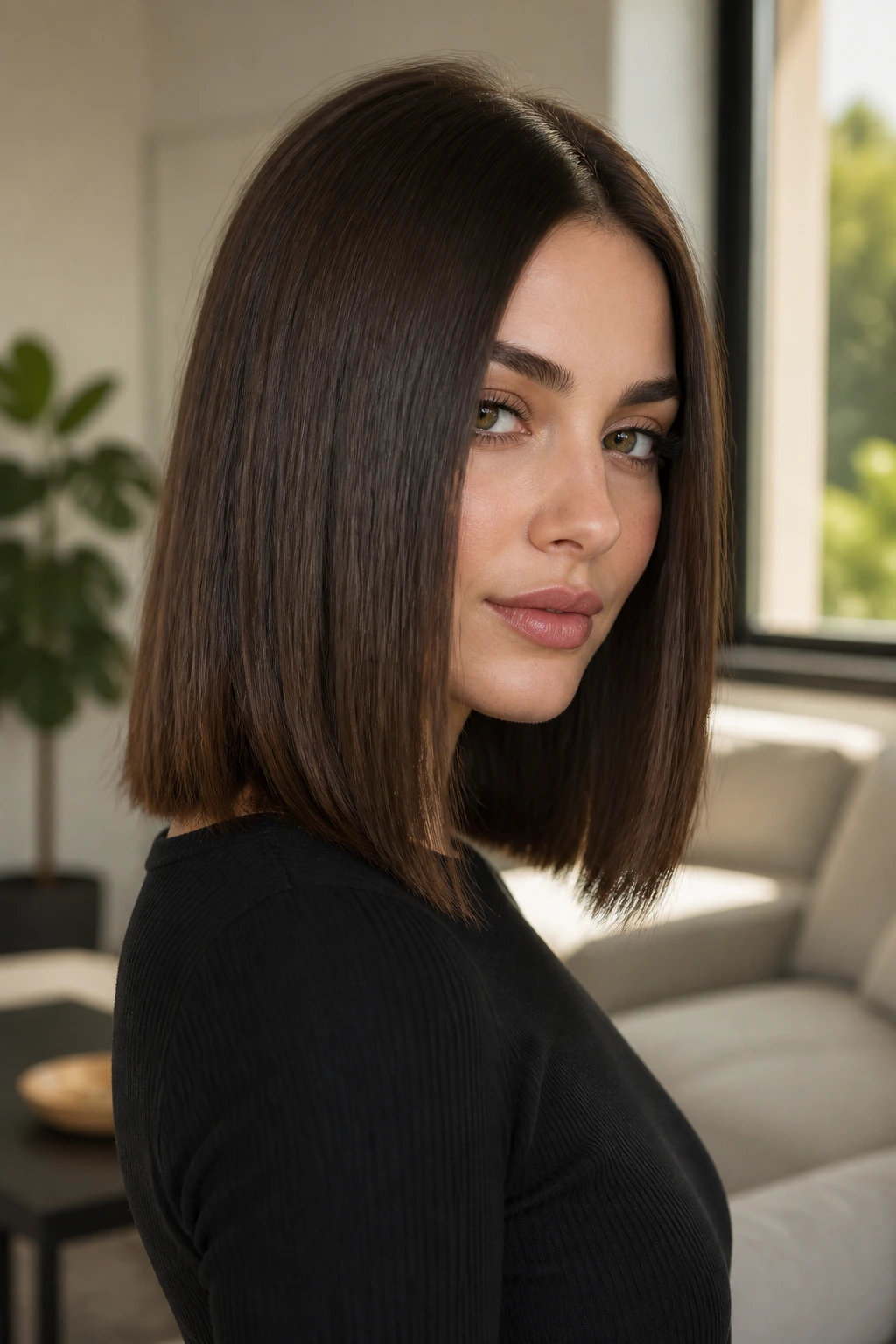Portrait of a person with sleek blunt lob straight hair in natural light