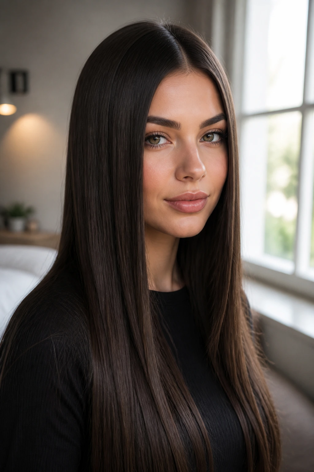 Close-up of straight hair with a crisp center part showing structured lines.