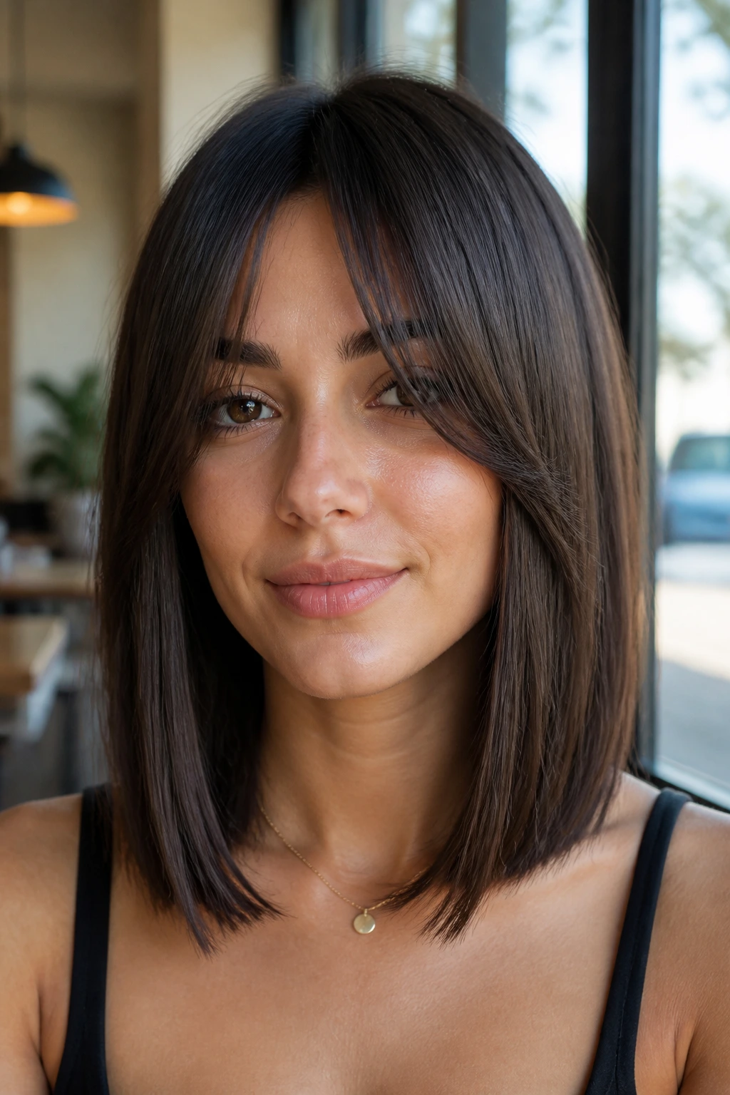 Portrait of a real person with straight lob and curtain bangs, face-framing fringe.