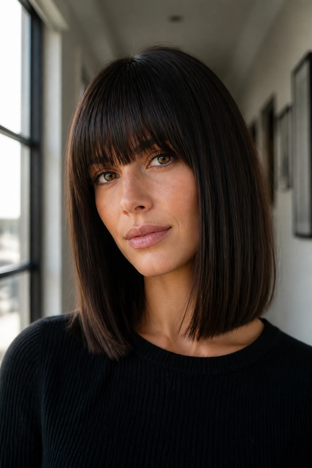 Real woman with straight lob and full fringe hairstyle