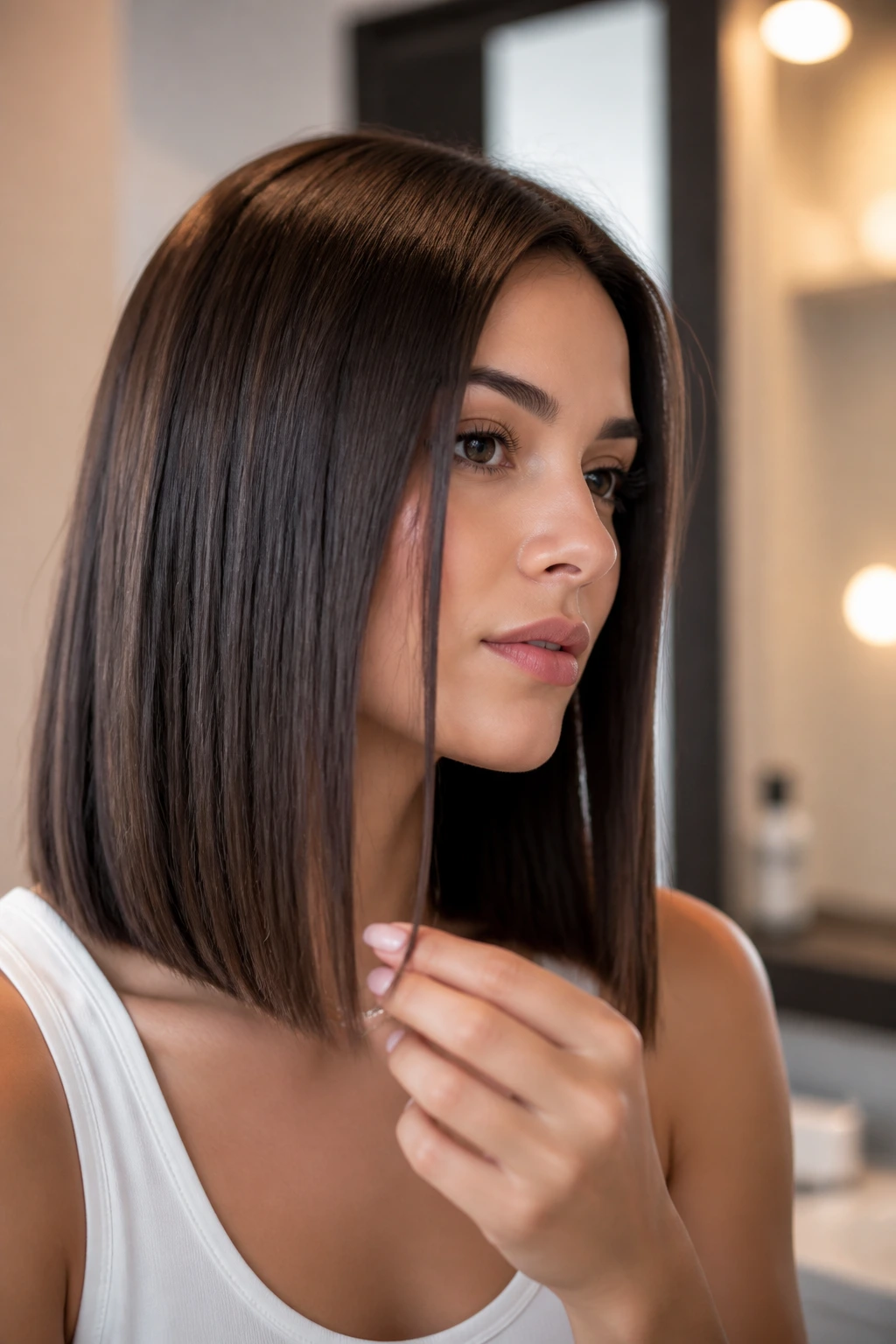 Portrait of a person with a straight lob and minimal product.
