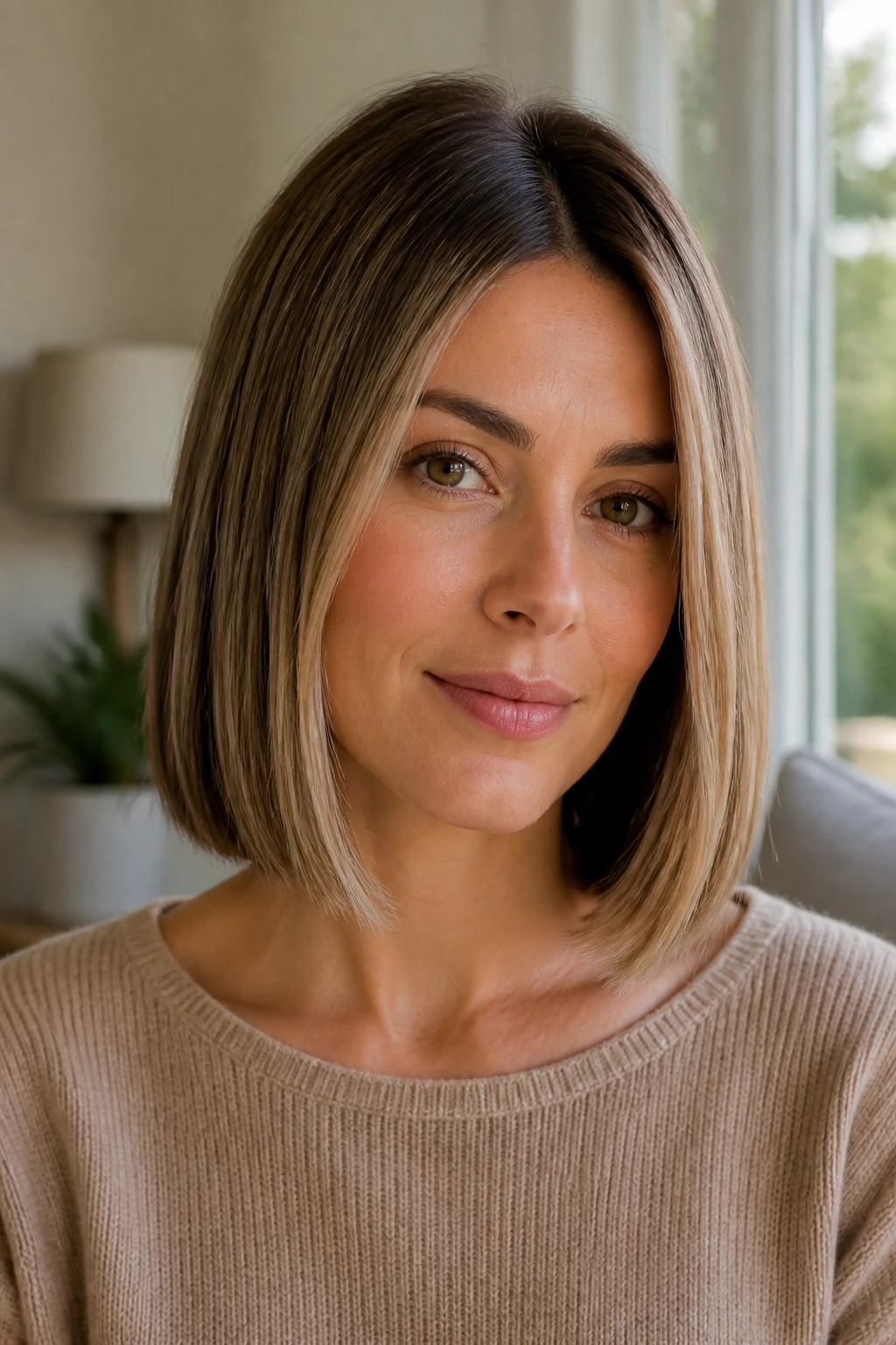 Close-up portrait of a real woman with straight lob and minimal bend in natural light