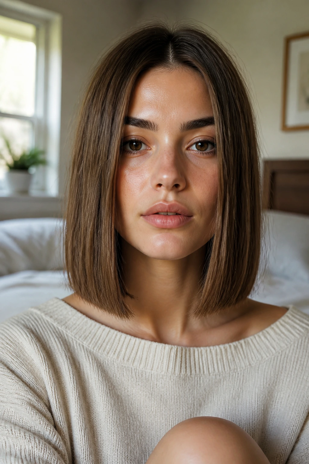 Close-up portrait of a real person with a straight lob near collarbone in natural bedroom light