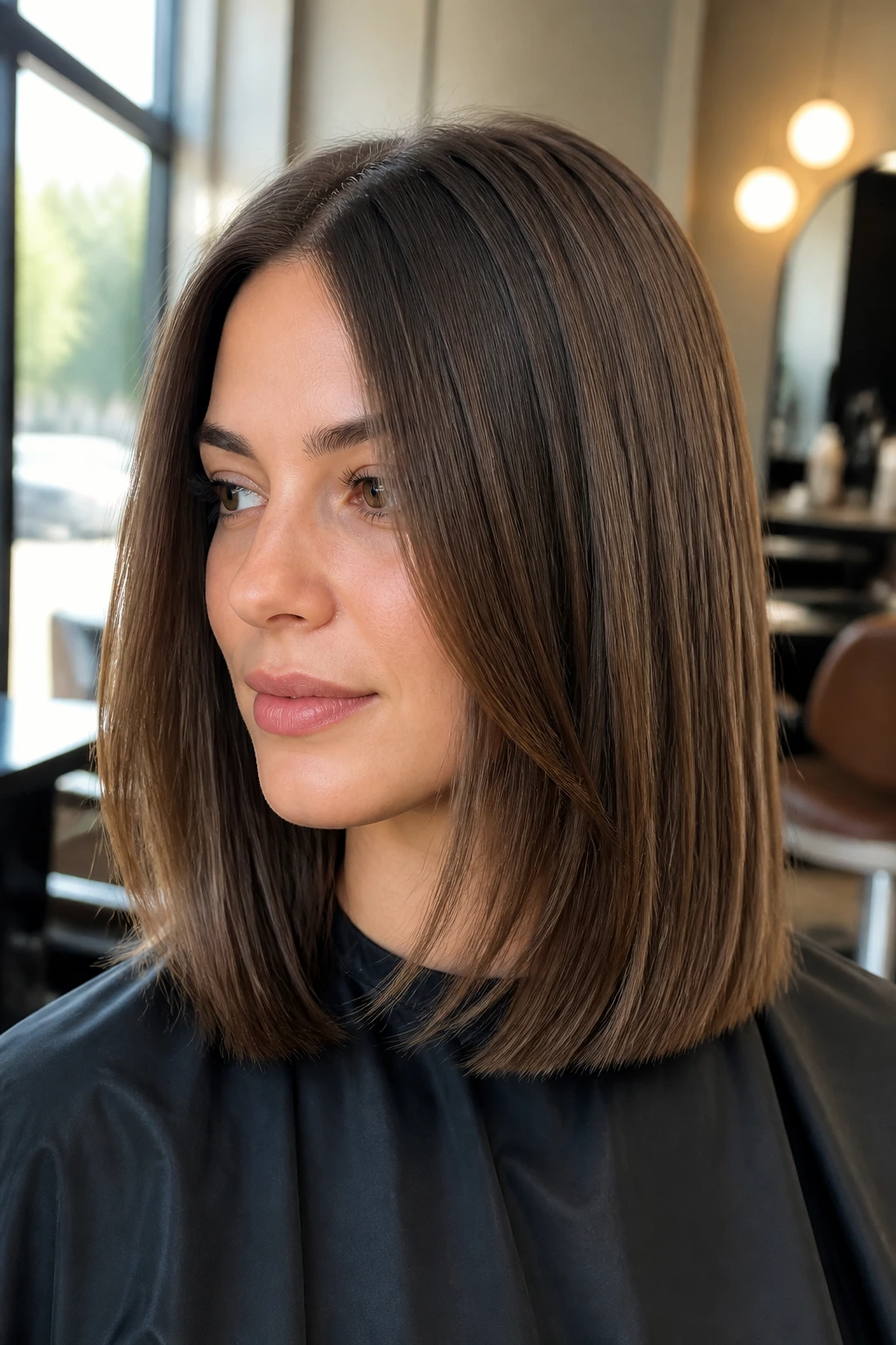 Close-up of a real woman with straight shoulder-length hair featuring invisible layers and a blunt edge, in a salon with natural light.