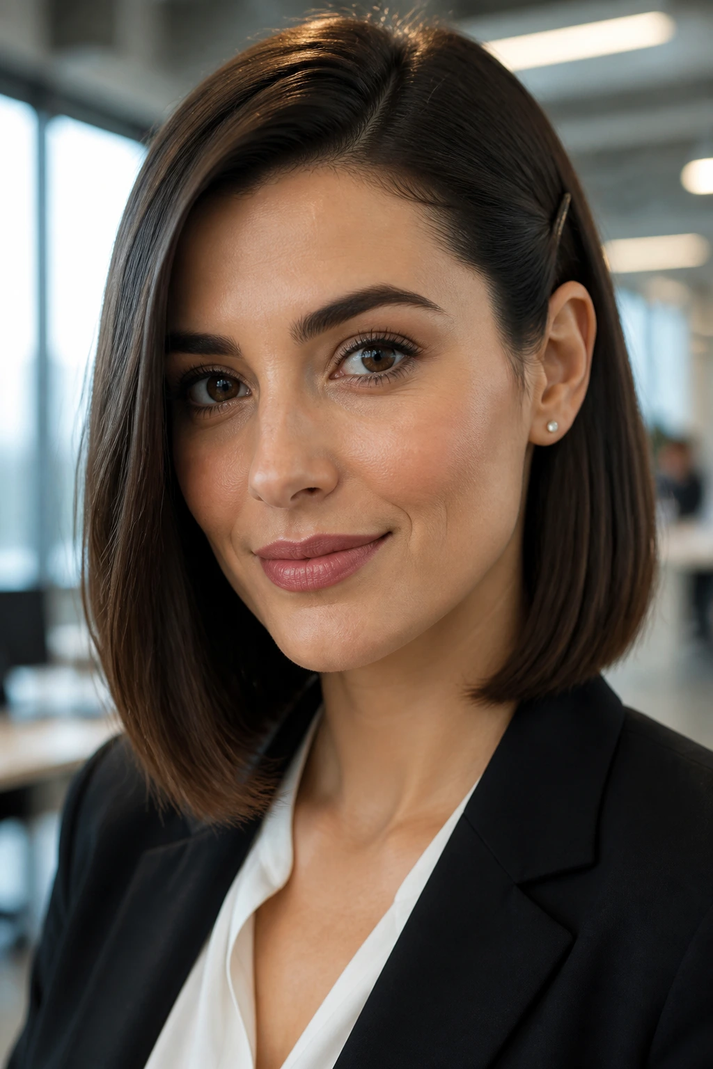Portrait of a woman with a straight lob tucked behind one ear.