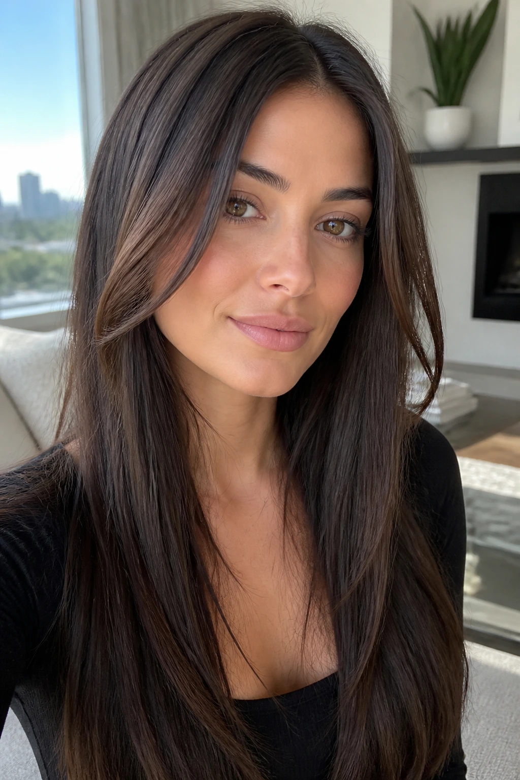 Close-up of a real woman with straight long hair and invisible layers