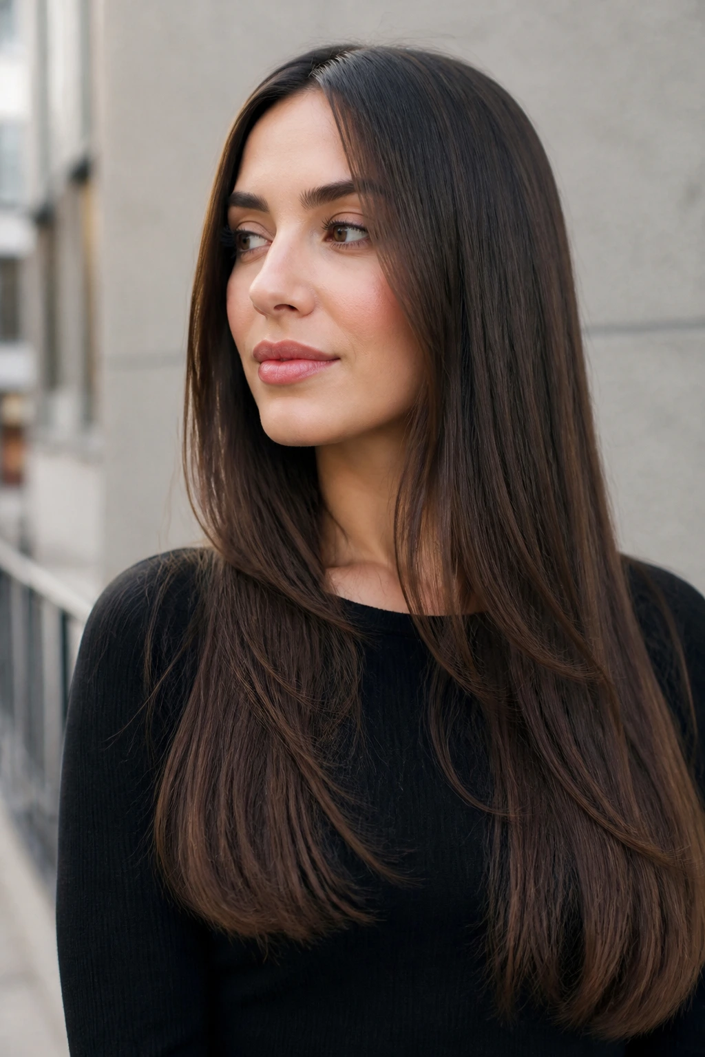 Portrait of a woman with straight long hair and invisible layers.