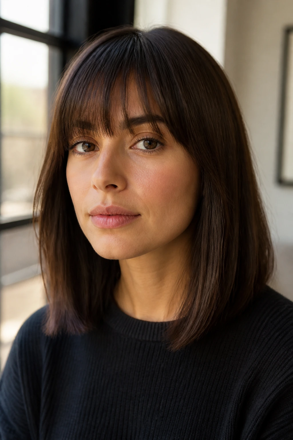 Close-up portrait of a woman with straight shoulder-length hair and brow-grazing bangs