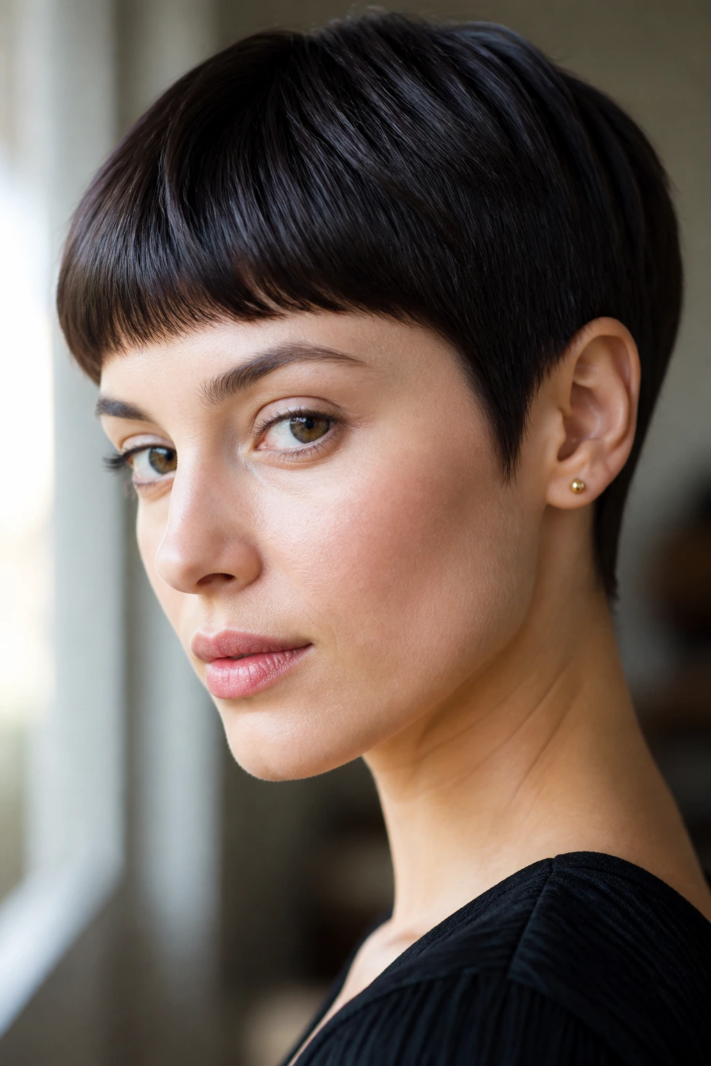 Close-up of a real woman with a blunt straight pixie cut and crisp neckline